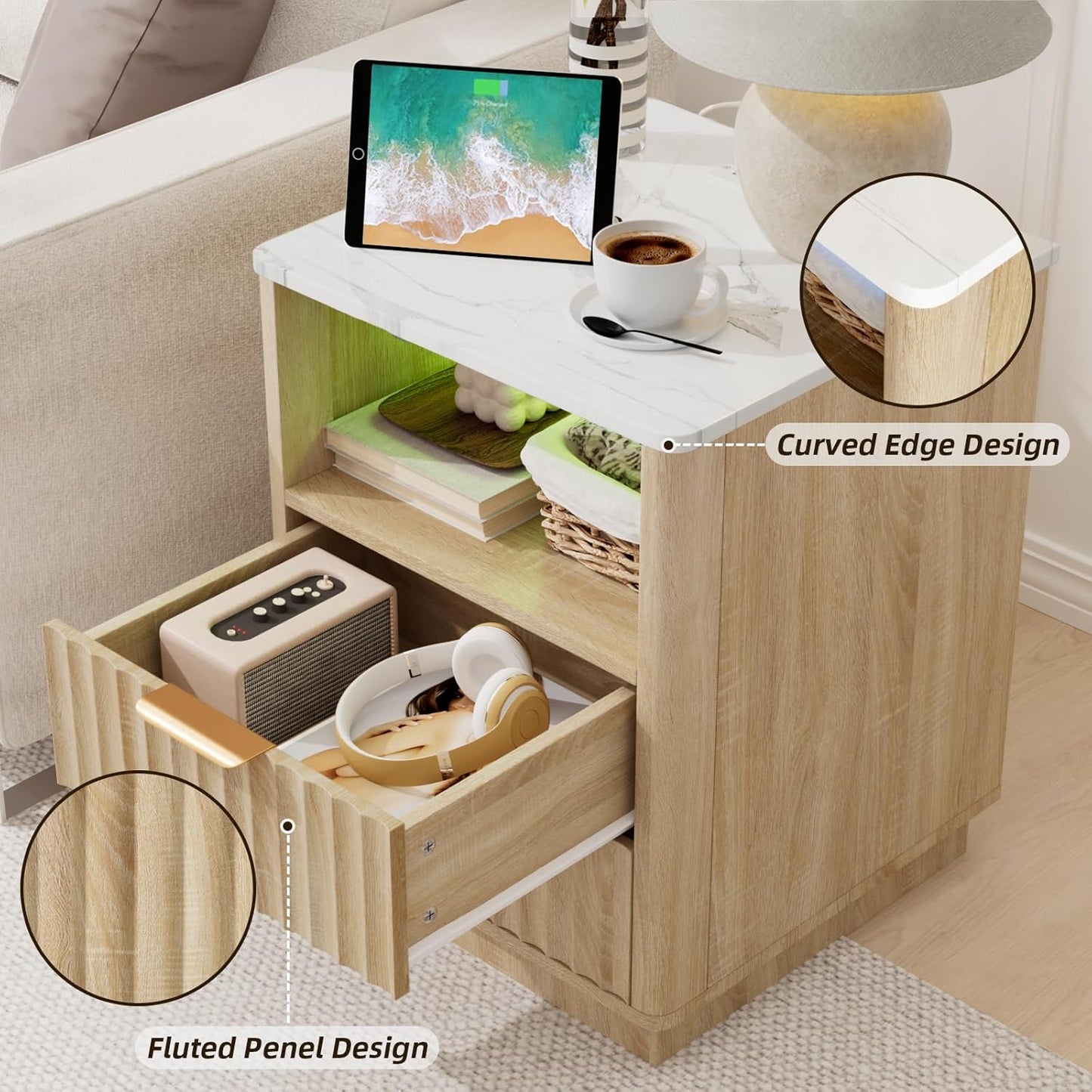 VOWNER Fluted Nightstand with Charging Station, 18” Night Stand with 2 Drawers, Faux Marble Top End Table with Storage Shelf, Curved Profile Side Table, Bedside Table for Bedroom Living Room, Oak