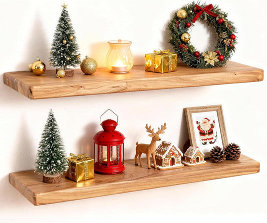 24" Rustic Elm Wood Floating Shelves, 8 Inch Deep Wall Shelves for Home Decor, Wall Mounted Floating Shelf with Invisible Bracket, Heavy-Duty Storage & Display Shelf for Living Room, Kitchen, Set of 2