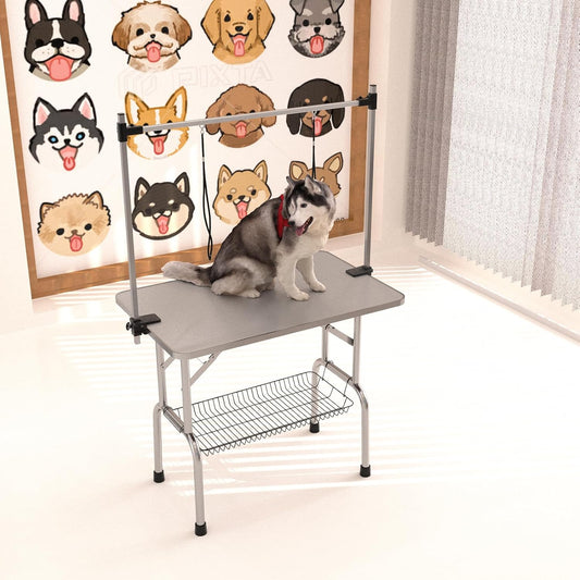 46" Dog Grooming Table Foldable Pet Grooming Tables with Adjustable Arm Noose Storage Mesh Tray Maximum Capacity Up to 330lbs Silver Gray