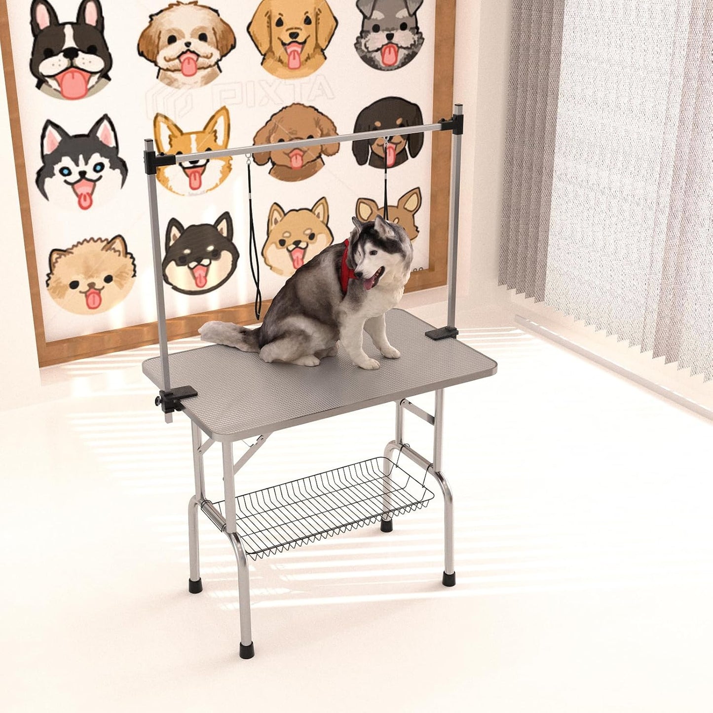 42" Dog Grooming Table Foldable Pet Grooming Tables with Adjustable Arm Noose Storage Mesh Tray Maximum Capacity Up to 330lbs Silver Gray