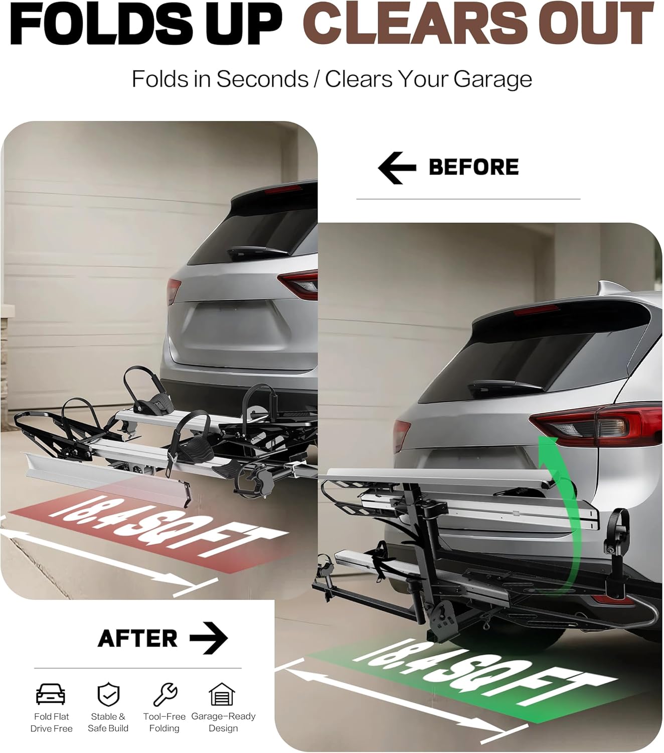 RokRack One Foldable 2-Ebike Rack with Ramp, 200 lbs Capacity, Hitch Mount Electric Bike Rack, Fits up to 5" Fat Tire Width and 50" Wheelbase, Ebike Carrier Rack for 2" Receiver for Cars SUVs Vans RVs