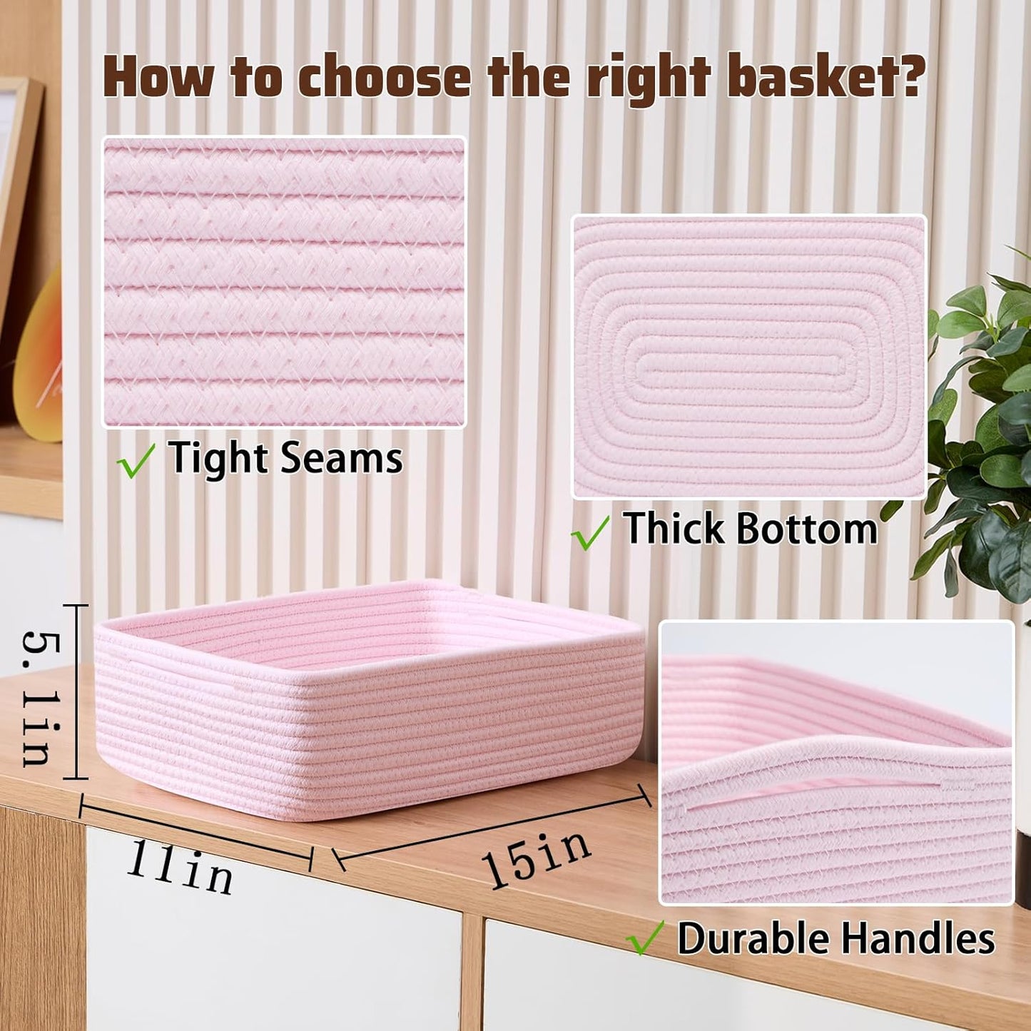 Large Shallow Organizing Baskets 15x11x5.1 Inches - Rope Woven Storage Bins for Bathroom, Shelves, Cube Closet, Light Pink 4 Packs