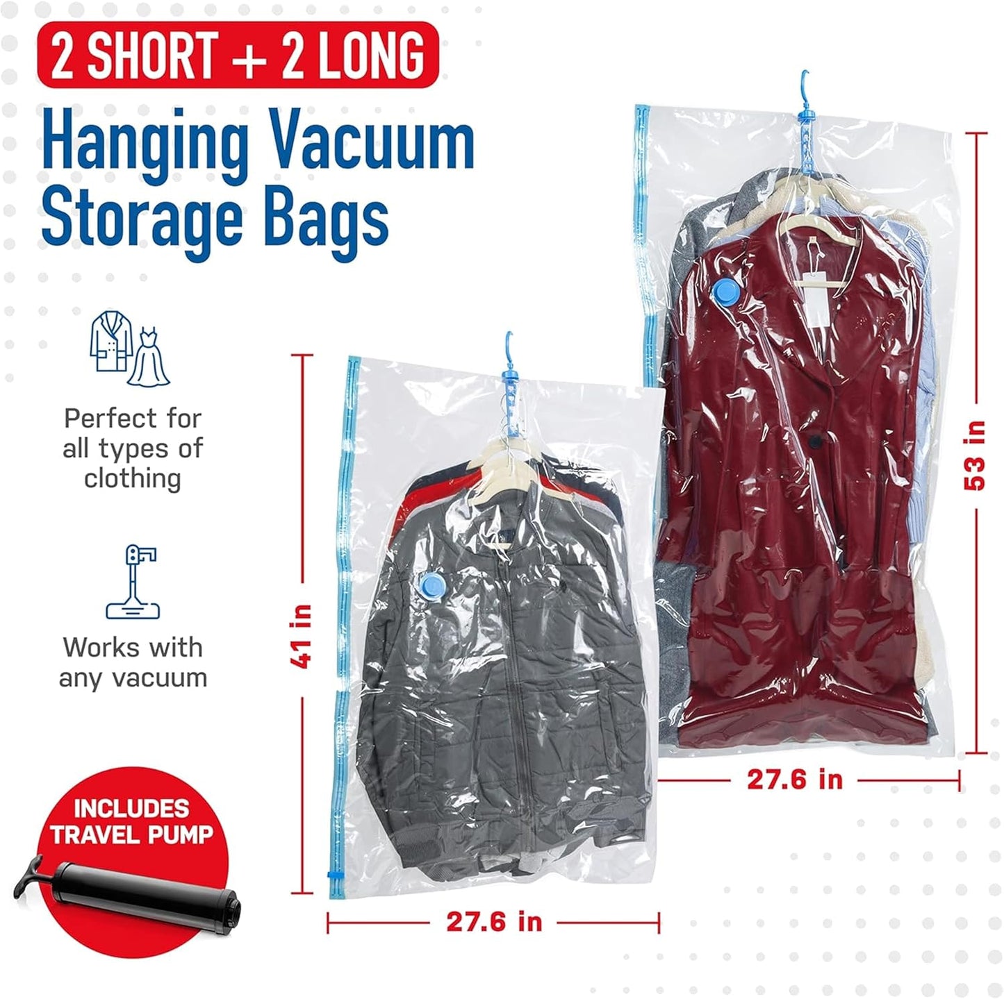 4 Pack Hanging Vacuum Storage Bags for Jackets, Clothes, Suits and Dresses – Vacuum Sealed Compression Bags with Hand Pump – Space Saver Storage Bags for Moving, Travel & Organization (2S & 2L)