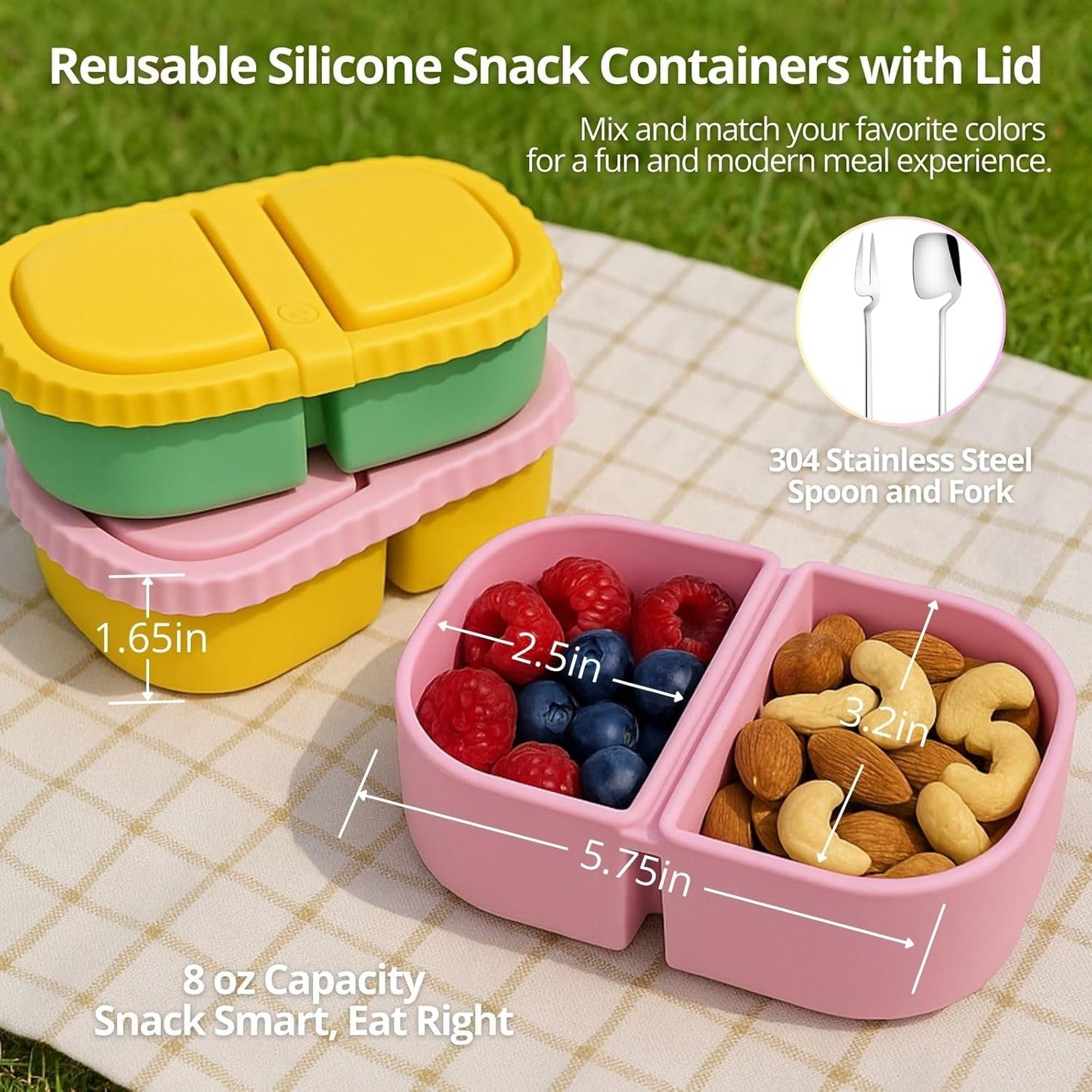 4 Pack Reusable Silicone Snack Containers with Lid, Strap, Spoon & Fork-2 Compartments Portable Mini Containers，Silicone Snack Storage Box for Picnic, Office, School(blue+green+pink+orange)