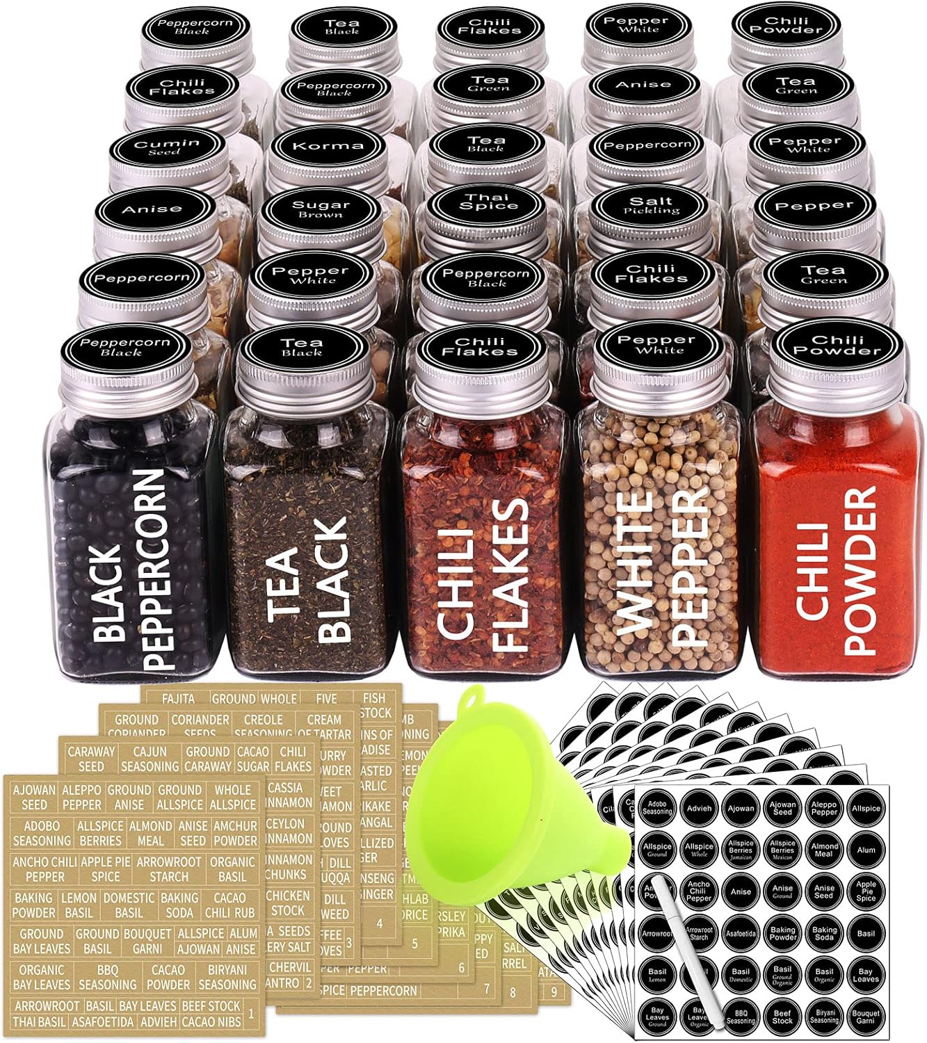 SWOMMOLY 30 Glass Spice Jars 6 oz Empty Square Spice Bottles with 703 Spice Labels, Chalk Marker and Funnel Complete Set. 30 Spice Containers with Airtight Cap, Pour/sift Shaker Lid