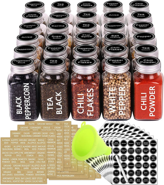 SWOMMOLY 30 Glass Spice Jars 6 oz Empty Square Spice Bottles with 703 Spice Labels, Chalk Marker and Funnel Complete Set. 30 Spice Containers with Airtight Cap, Pour/sift Shaker Lid