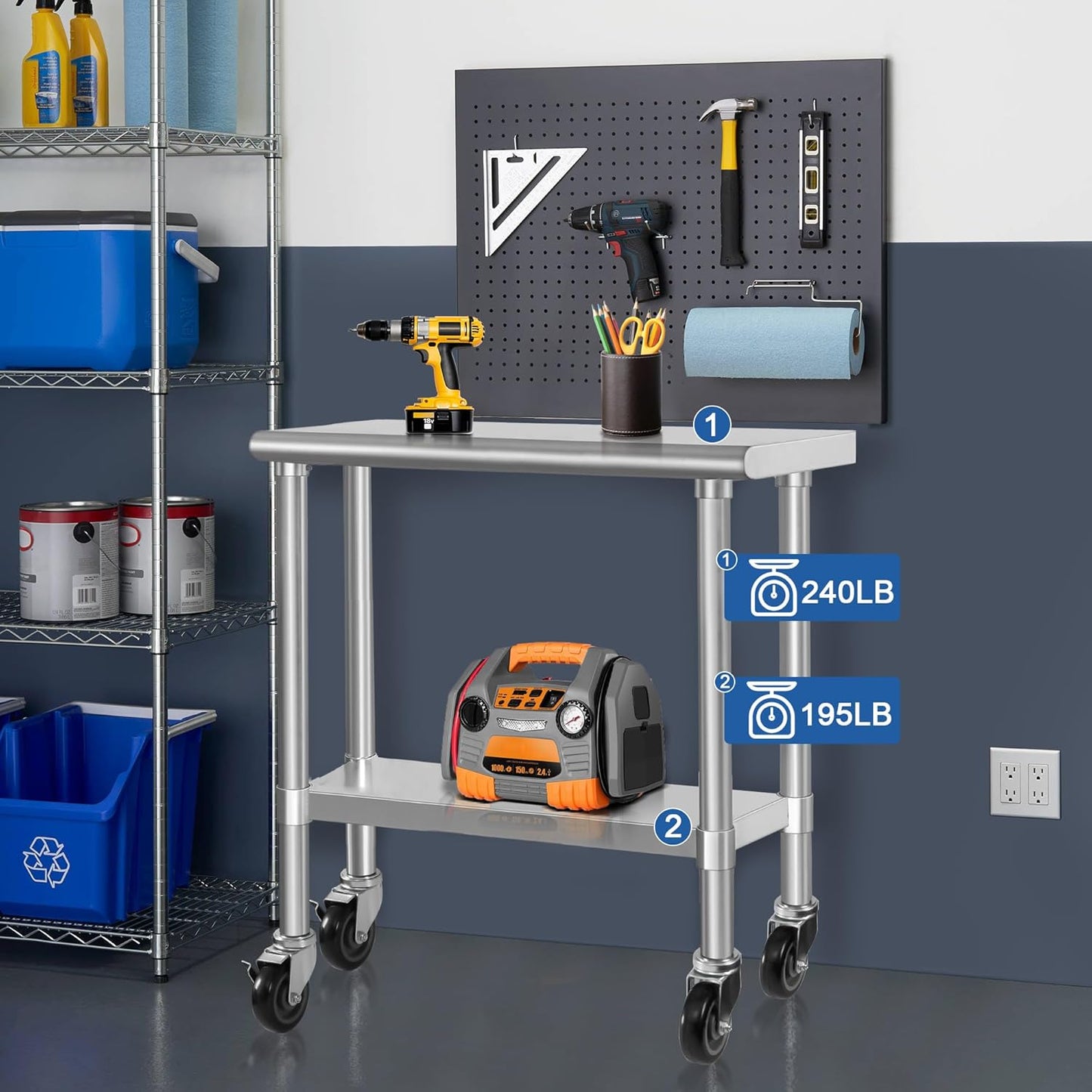 HARDURA Stainless Steel Commercial Table Prep & Work Table with Casters Heavy Duty Metal Table with Wheels NSF 430 14×30 Inches