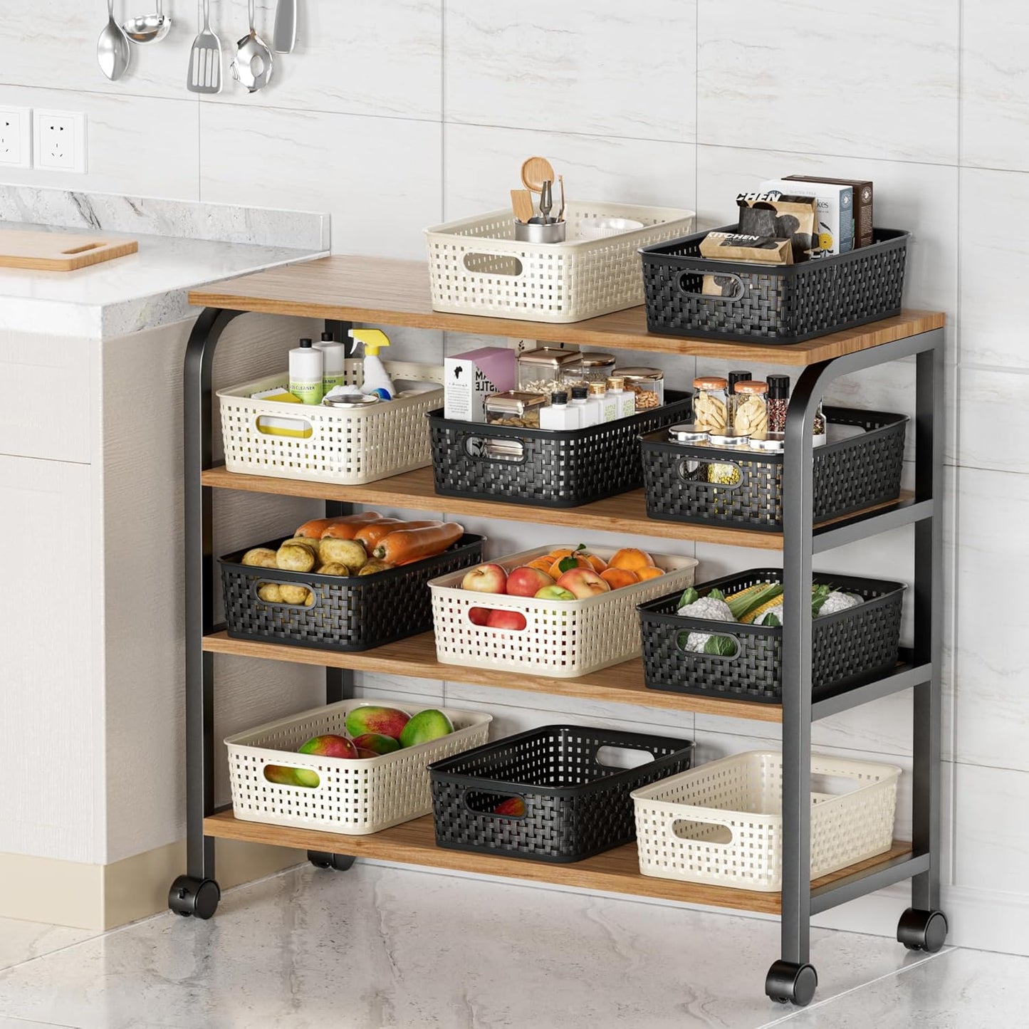 Black Plastic Basket, 8 Pack Home Organization and Storage Baskets with Handles, Space Saving Woven Organizer Bins Plastic Storage Basket for Organizing Cabinets,Closets, Shelves, Countertops