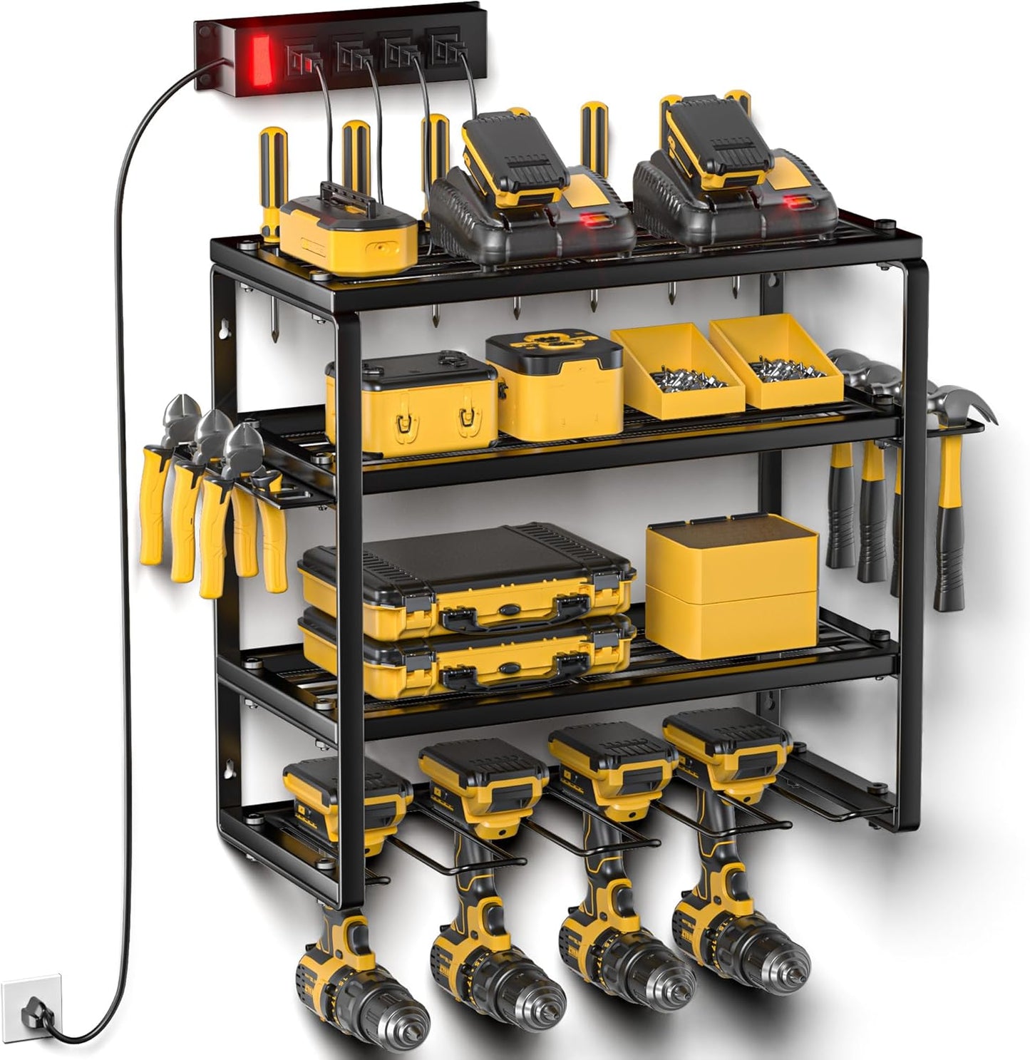 Power Tool Organizer Wall Mount with Charging Station, 4 Drill Holders and 4 Layers Garage Organization, Tool Battery Holder with 4 Outlet Power Strip, Tool Storage for Workshop Pegboard, Shed