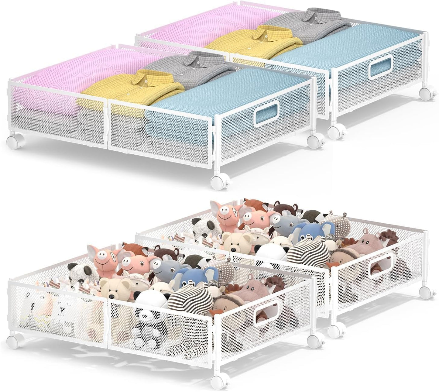 Under Bed Storage with Wheels, Rolling Under Bed Storage Bins for Shoes Clothes, Foldable and Easy Mobility (4 Pack, White)