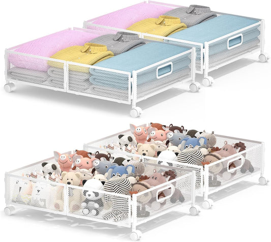 Under Bed Storage with Wheels, Rolling Under Bed Storage Bins for Shoes Clothes, Foldable and Easy Mobility (4 Pack, White)