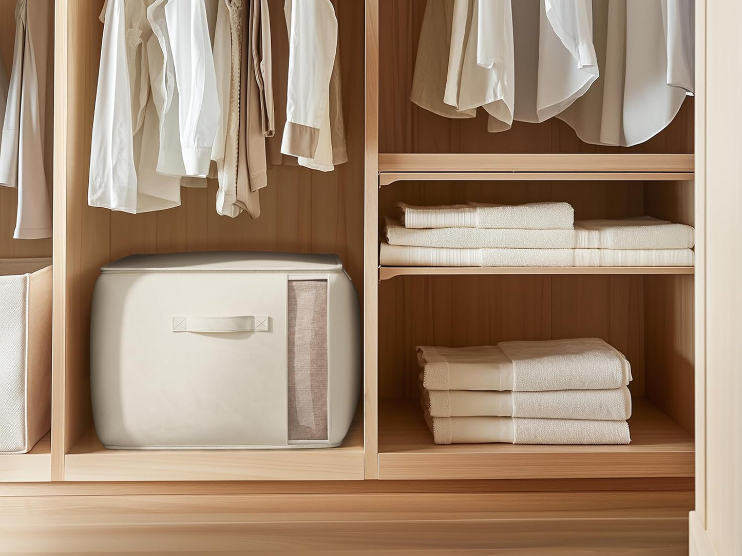 Large Canvas Clothes Storage Bags with Thick Handles and Clear Window, Foldable Cotton Linen Closet Organizer for Clothing, Blankets and Bedding, 70L, 2 Pack, Beige