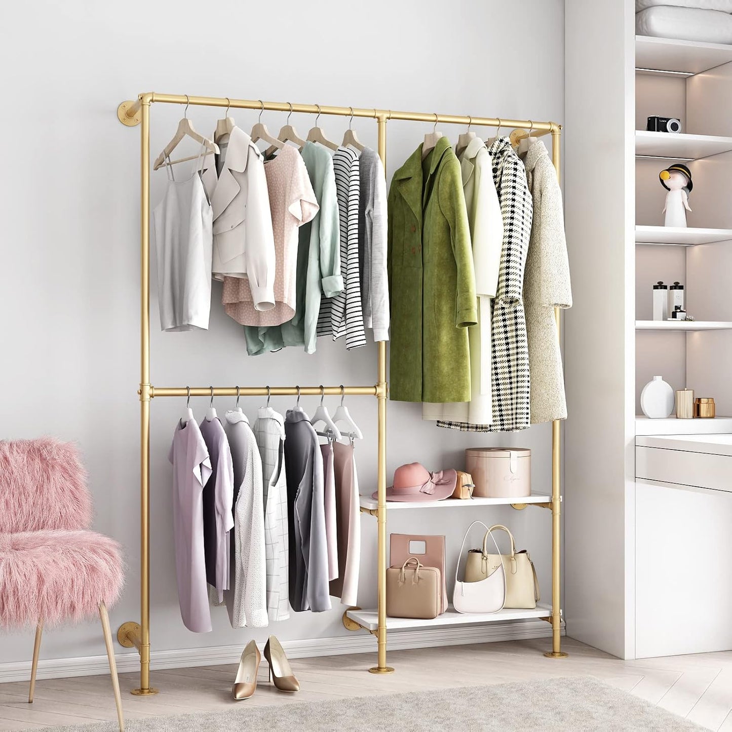 Gold Pipe Clothes Racks with White Shelves, Industrial Pipe Gold Clothing Rack with Double Hanging Rods, Heavy Duty Wall Mounted Clothing Rack Rod for Closet Storage, Bedroom
