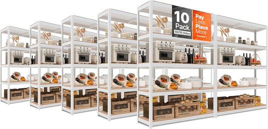 HOMEDANT House Lift-Beam White Boltless Heavy Duty Garage Storage Shelving Adjustable 5-Tier Metal Shelves Laminated Shelf Industrial Utility Rack Pantry 48.1" W x 24.4" D x 71.3" H 10Pack
