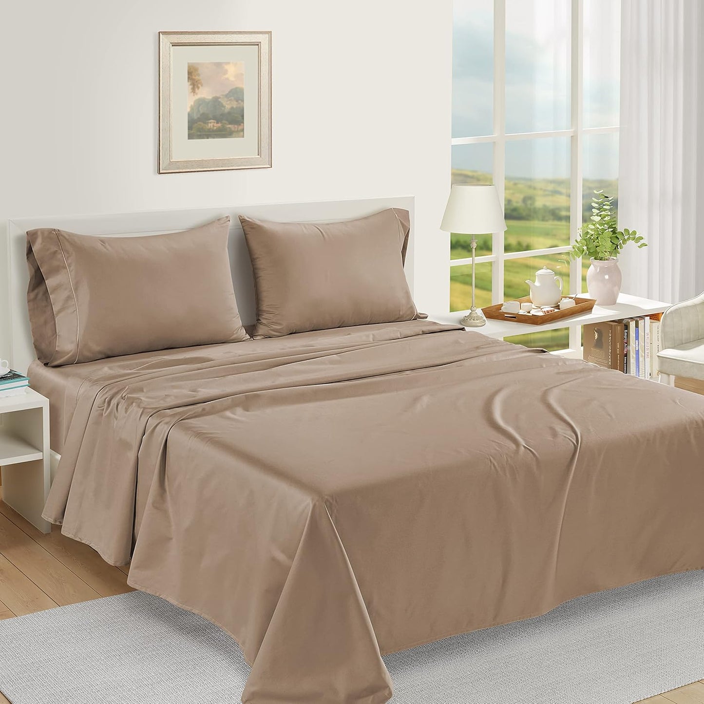 LANE LINEN Pillows Standard Size Set of 2, Soft 100% Egyptian Cotton Sateen, 1000 Thread Count, Cool & Smooth Pillowcases Queen - Taupe