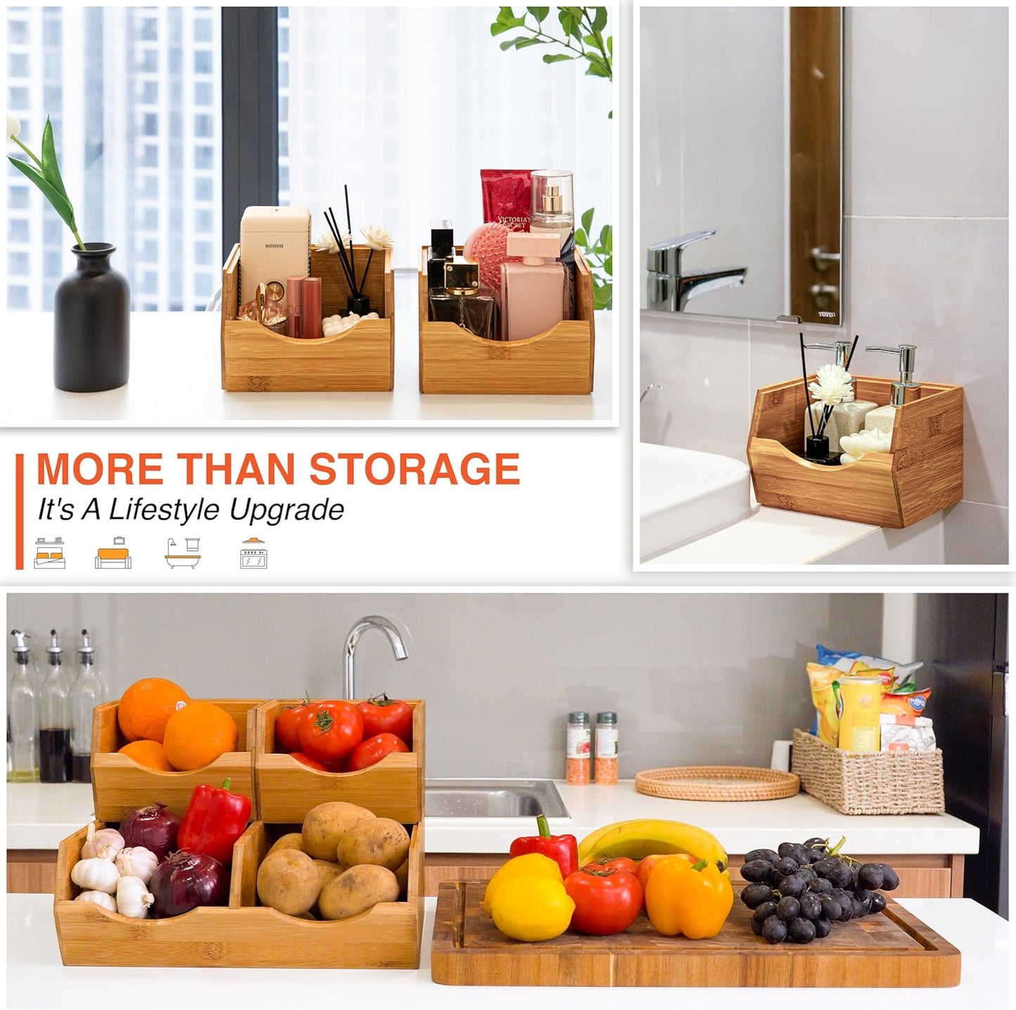 HOMESTEAD Bamboo Pantry Storage Bins - Stackable Baskets, Potato and Onion Storage for Pantry Organization, Set 3 Pieces