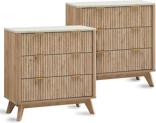 T4TREAM Fluted 3 Drawers Nightstand Set of 2, Oversized Extra Large Modern Side Table with Faux Marble Top, End Table Bedside for Bedroom, Living Room, Curved Profile Design, Natural Oak
