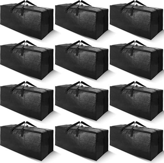 Cosy Family 12 Pack Heavy Duty Moving Bags with Backpack Straps - Strong Handles & Zippers, Storage Totes For Space Saving, Fold Flat, Alternative to Moving Box (X-Large-Set of 12, Black)