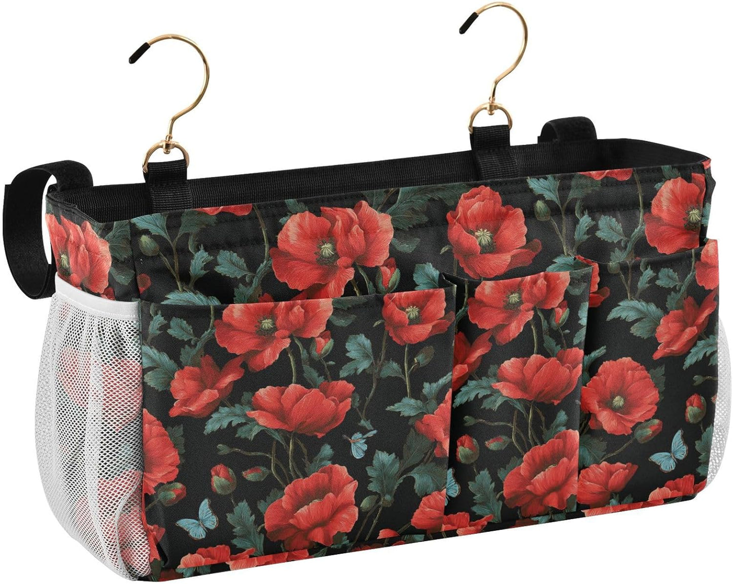 Poppy Butterfly Leaf Bedside Caddy for Dorm Bed Bedside Hanging Caddy Bag Iron Frame Storage Organizer Pocket for Bunk Home College Hospital Beds 2 Hooks