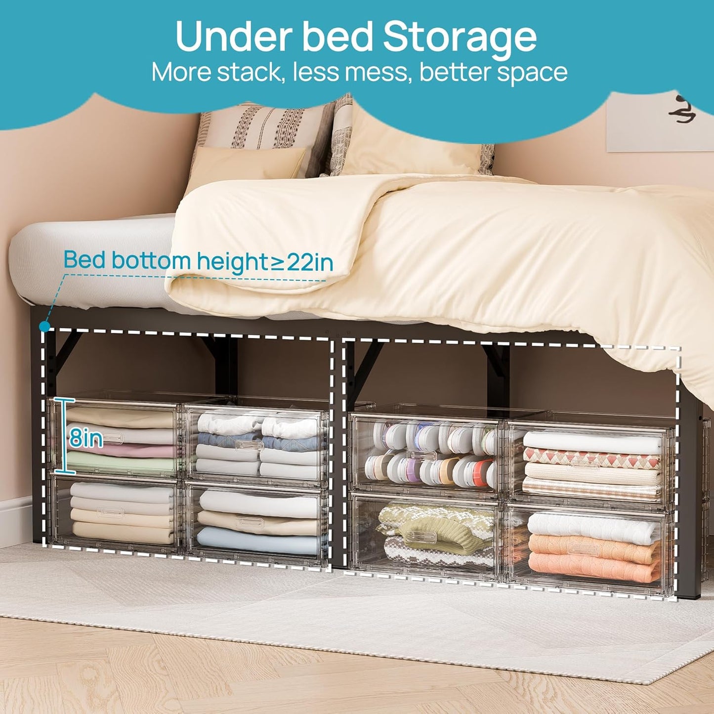 Vtopmart 4 Pack Large Clear Stackable Storage Drawers 27QT, Easily Assemble Plastic Closet Storage Bins, Dust-Proof UnderBed Organizer for Clothing, Sweater Organization