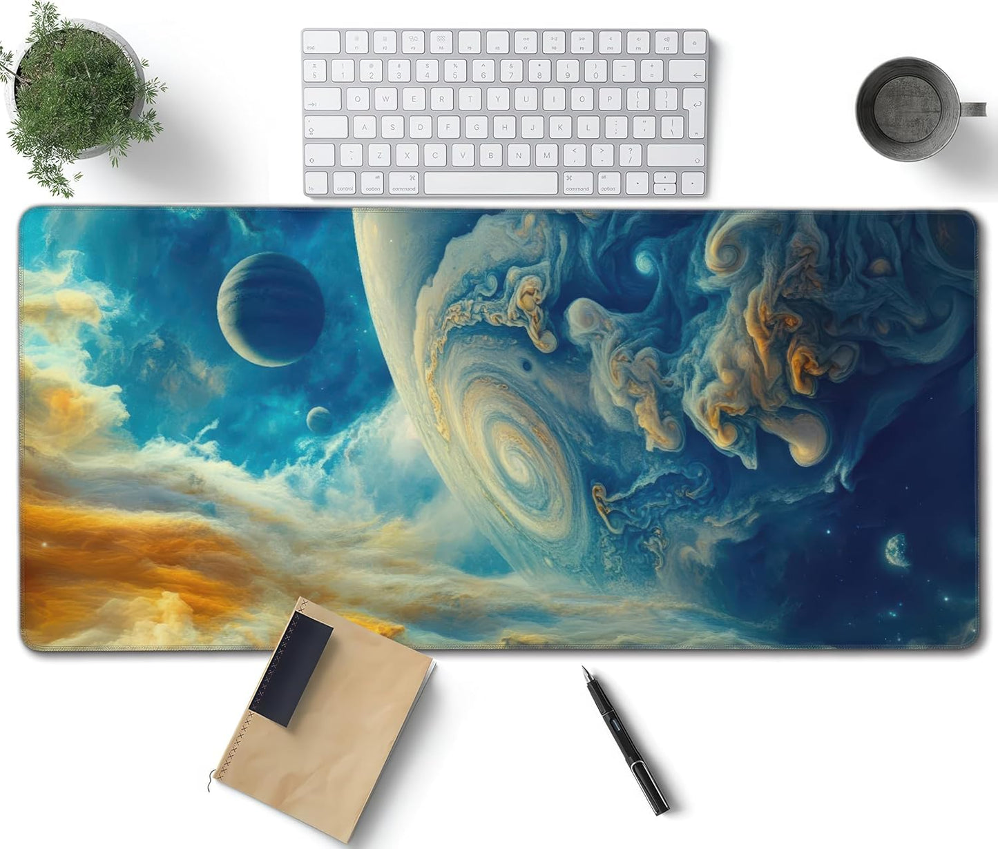 Spectacular Cosmic Planets Large Mouse Pad, Vintage Aesthetic Gaming Desk Mat, XXL Keyboard Desk Pad Mat for Desktop, 35.4"x15.7" Non-Slip Base Big Mousepad with Stitched Edges