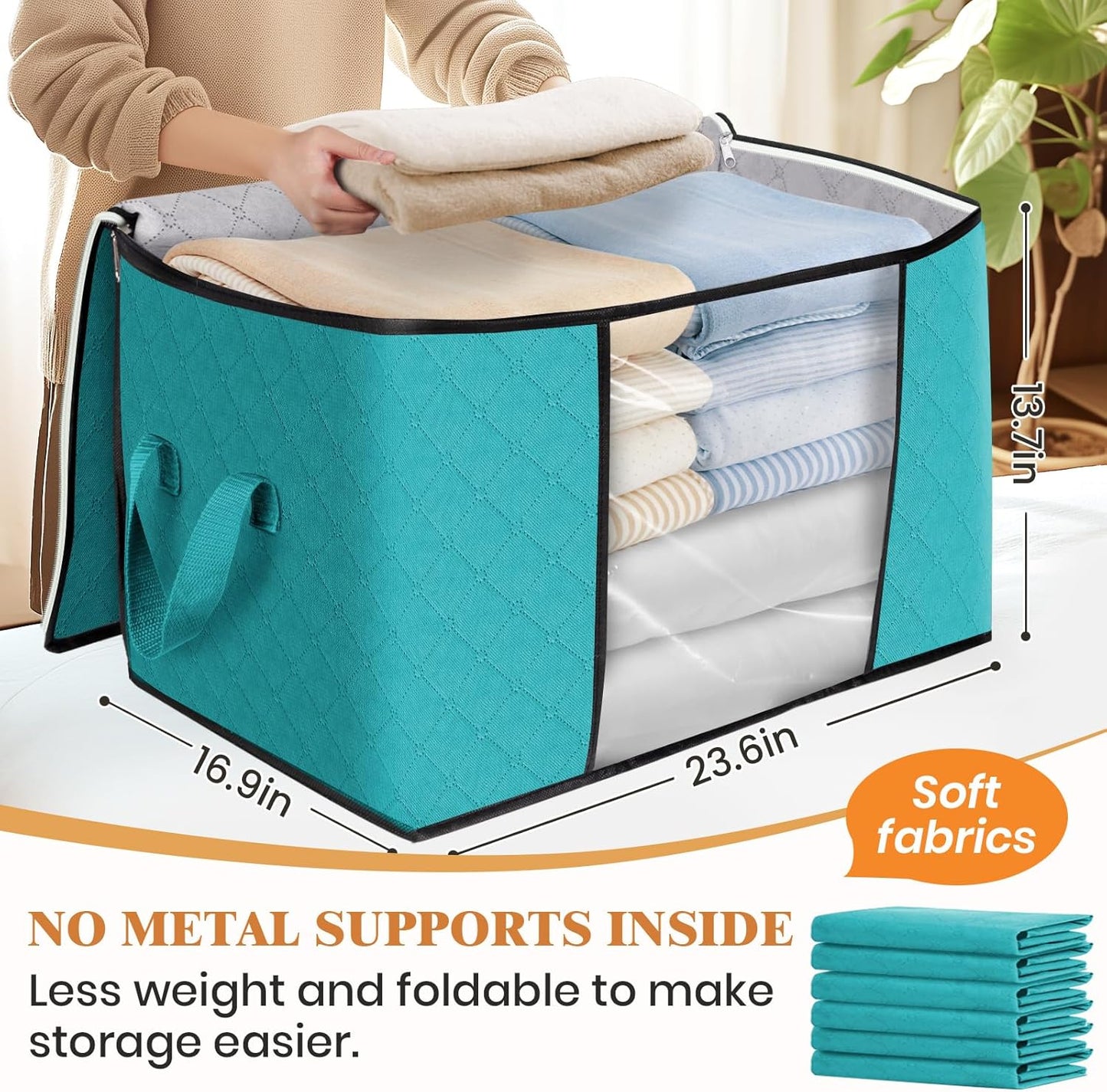 Fab totes 24 Gallons Clothes Storage, Foldable Thick Fabric Blanket Storage Bags, Containers for Organizing Bedroom, Closet, Clothing, Comforter, Organization with Handle (8 Pack,Green)