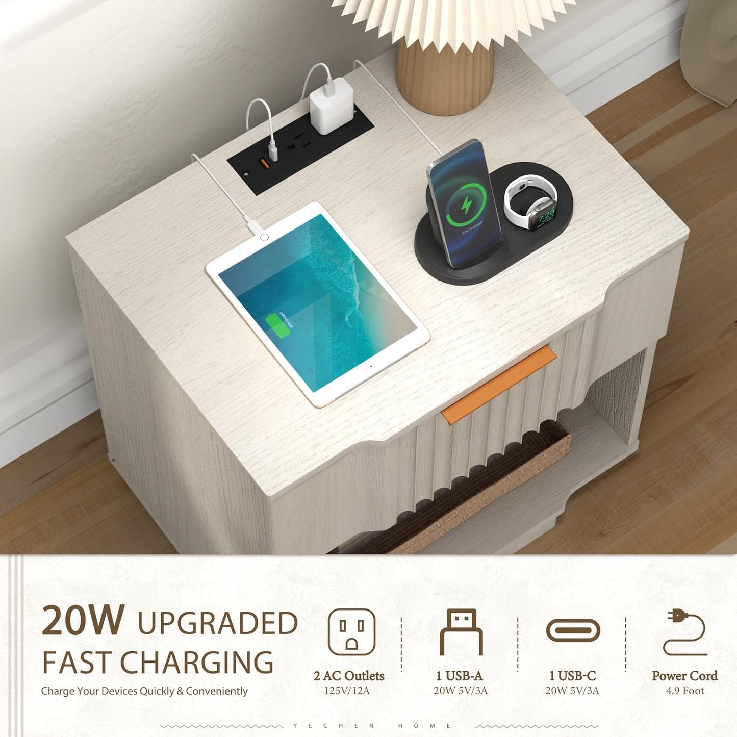 Yechen Fluted Night Stand Set 2 with 20W Fast Charging Station - Large Wood Nightstands with Storage Drawer & Shelf, Modern Wide Bedside End Tables for Bedroom with Curved Profile Base, White Oak