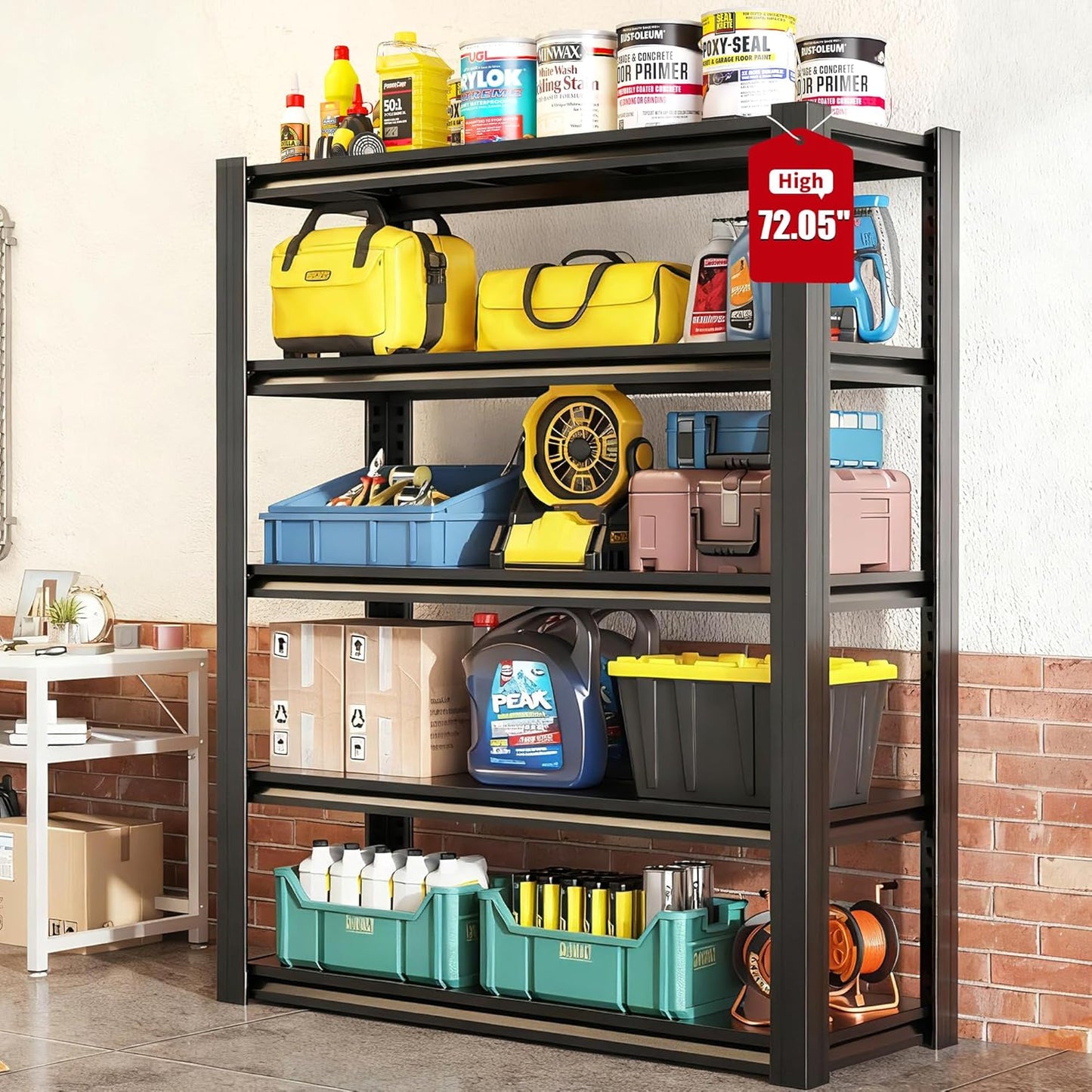 72" H Garage Shelving, Metal Storage Shelves, Adjustable 5 Tier Storage Rack, Heavy Duty Shelving, Industrial Utility Shelf for Garage, Warehouse, Bedroom, Kitchen,16" D×36" W×72" H, Black