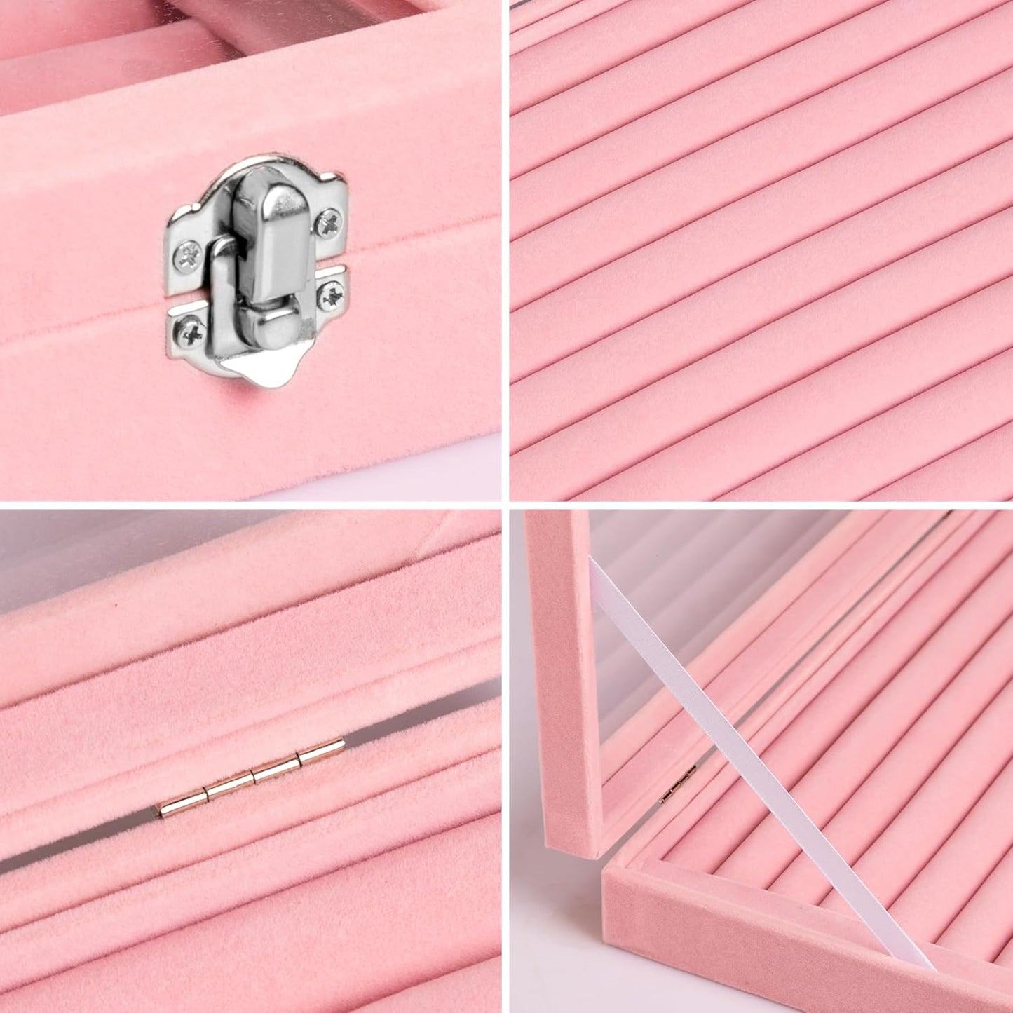 Frebeauty Rings/Earrings Organizer Tray with Clear Lid 10 Slots Velvet Drawer Insert Jewelry Storage box Transparent Glass lid Jewelry Display Case Showcase Gift for Girls Women (Pink, 10 Slots)