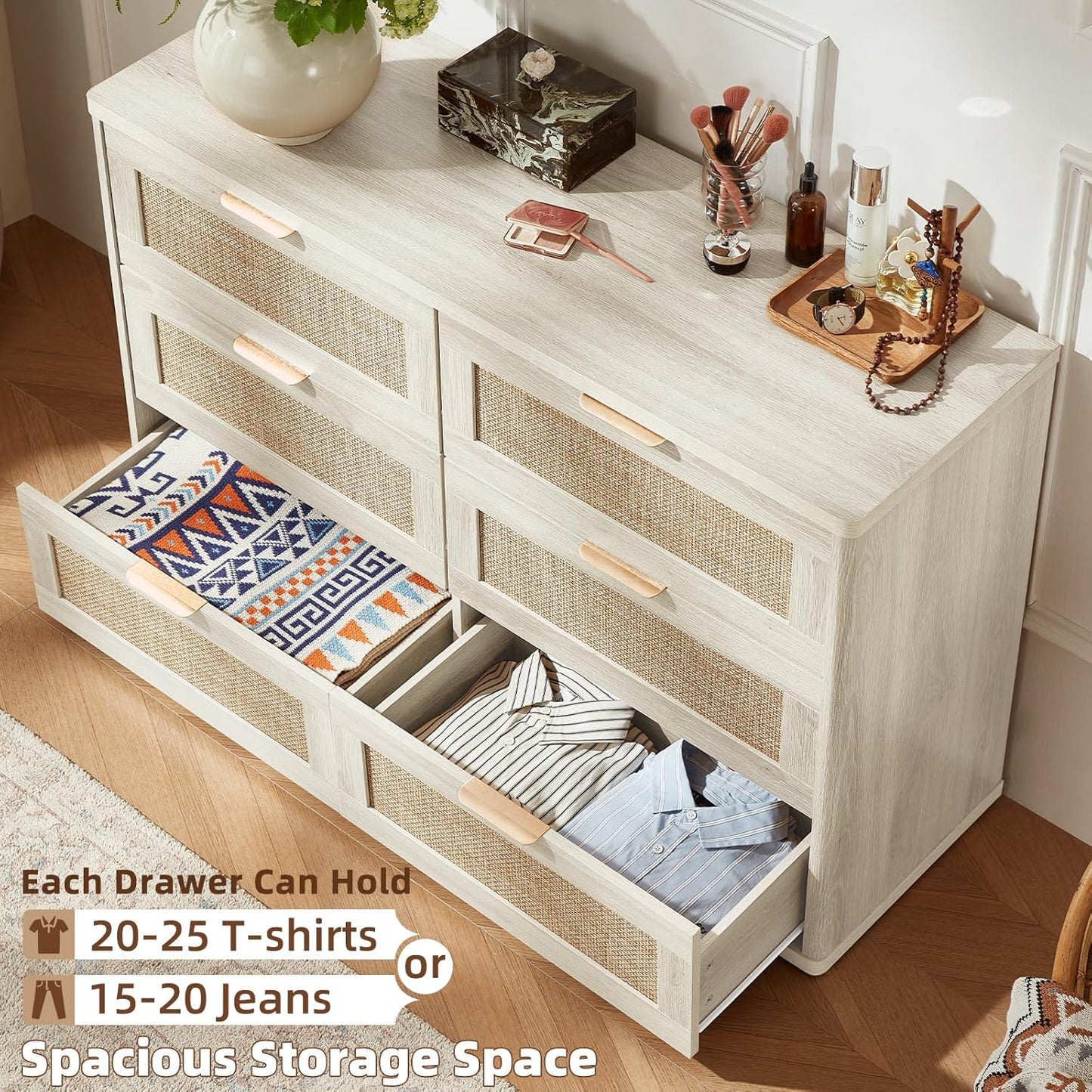 LEYAOYAO Rattan Dresser for Bedroom Set of 2, Boho 48" Wide White Dresser Chest of Drawers, Dressers TV Stand with Metal Handle, Storage Dressers Closet Organizer for Living Room, Hallway