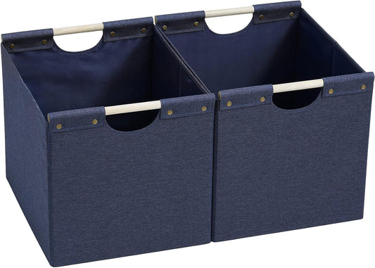 HOONEX Large Foldable Storage Bins, Linen Fabric, Pack of 2, Storage Baskets with Wooden Carry Handles and Sturdy Heavy Cardboard, for Home, Office, Car, Nursery, Blue
