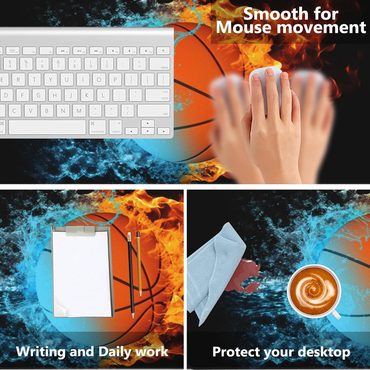 Gaming Mouse Mat Basketball Ball in Fire and Water Large Mouse Pad Extended Mouse Pad Desk Mat Non-Slip Rubber Base Mice Pad Desk Pad for Office Game Home 35.4x15.75 in