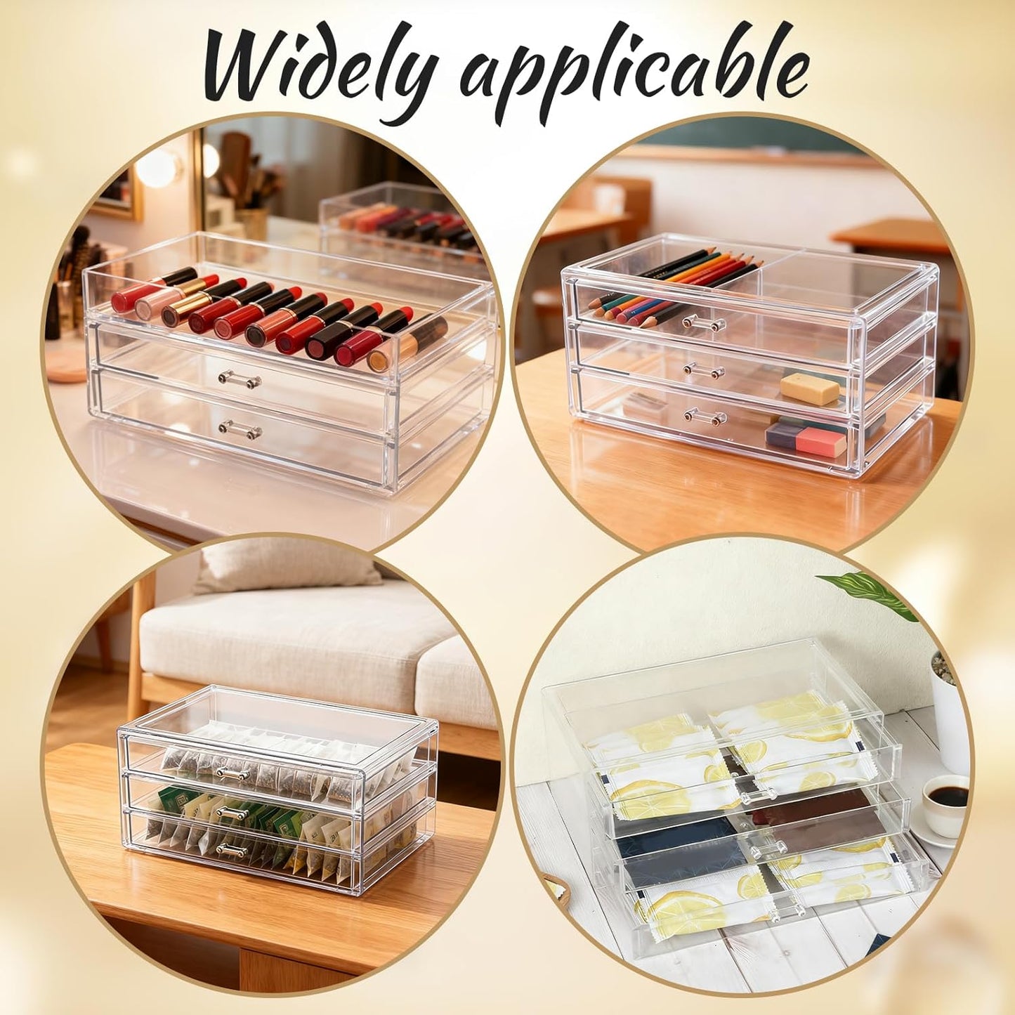 Acrylic Drawers Stackable, 9.3 X 5.3 X 4 Inch Stackable Makeup Organizer Acrylic 3 Drawer Storage Organizers Clear Stationery Organizer for Dresser, Bathroom, Vanity, Countertop
