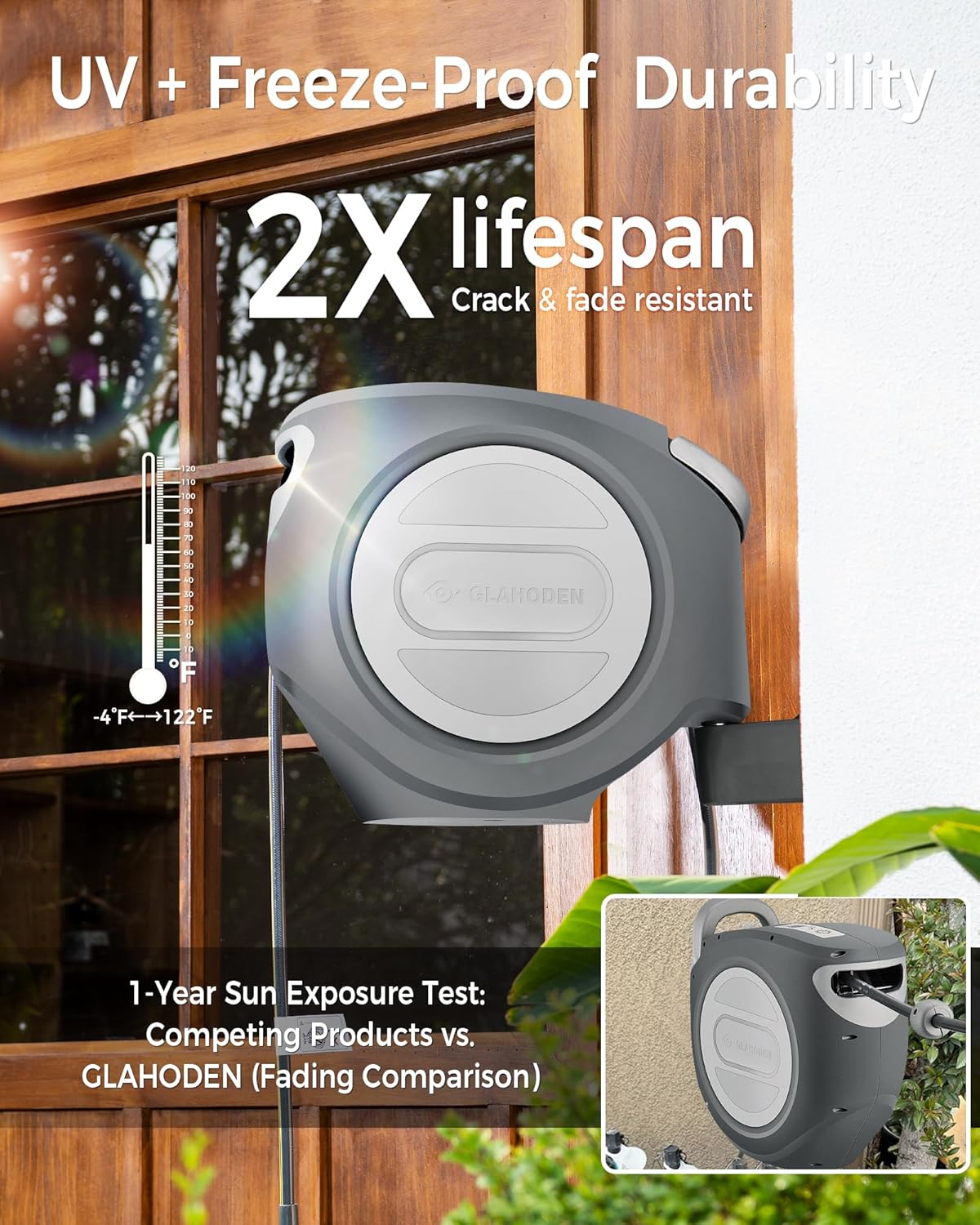 GLAHODEN Retractable Garden Hose Reel 5/8 in x 100 ft Metal Bracket, 2025 Upgraded Dual Ratchet Lock UV & Freeze Protection Brass Seal Slow Retraction Anti-Tangle Hose 180°Swivel