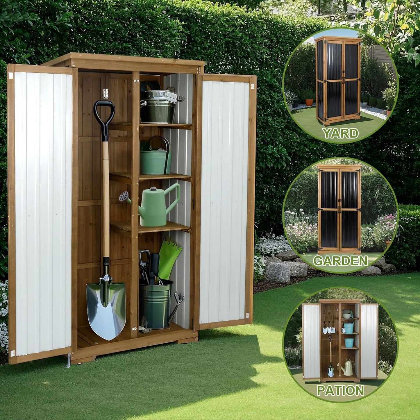 Outdoor Storage Cabinet with Shelf, Wood & Metal Storage Shed with Waterproof Roof & Lockable Doors,Tall Outdoor Cabinets for Patio Backyard, Gardening Tools and Accessories, Brown