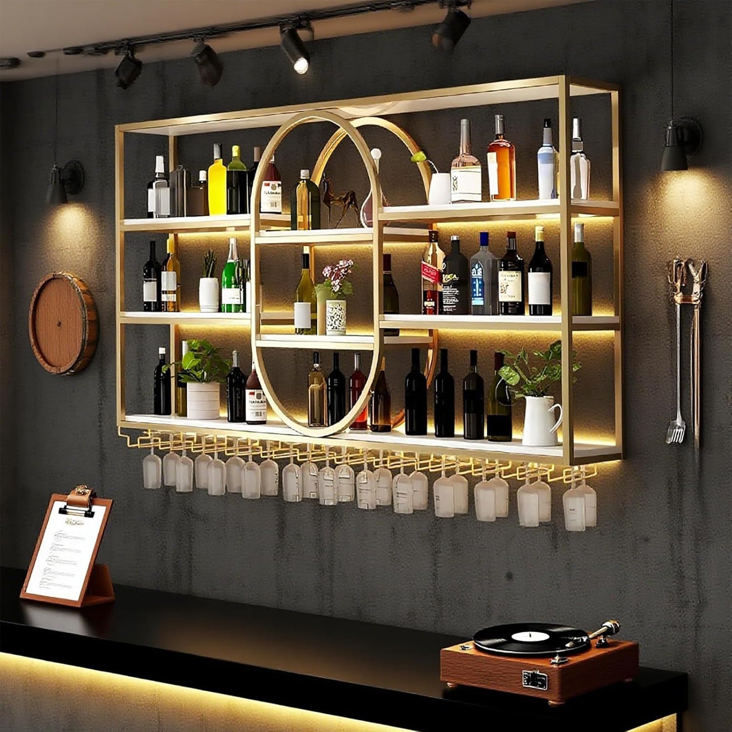 63IN Large Wall Mount Wine Rack, Metal 4 Tier Hanging Bottle Holder with Wine Glass Storage Racks, Modern Floating Wine Shelves for Home Bar Dining Room Decoration (Gold)