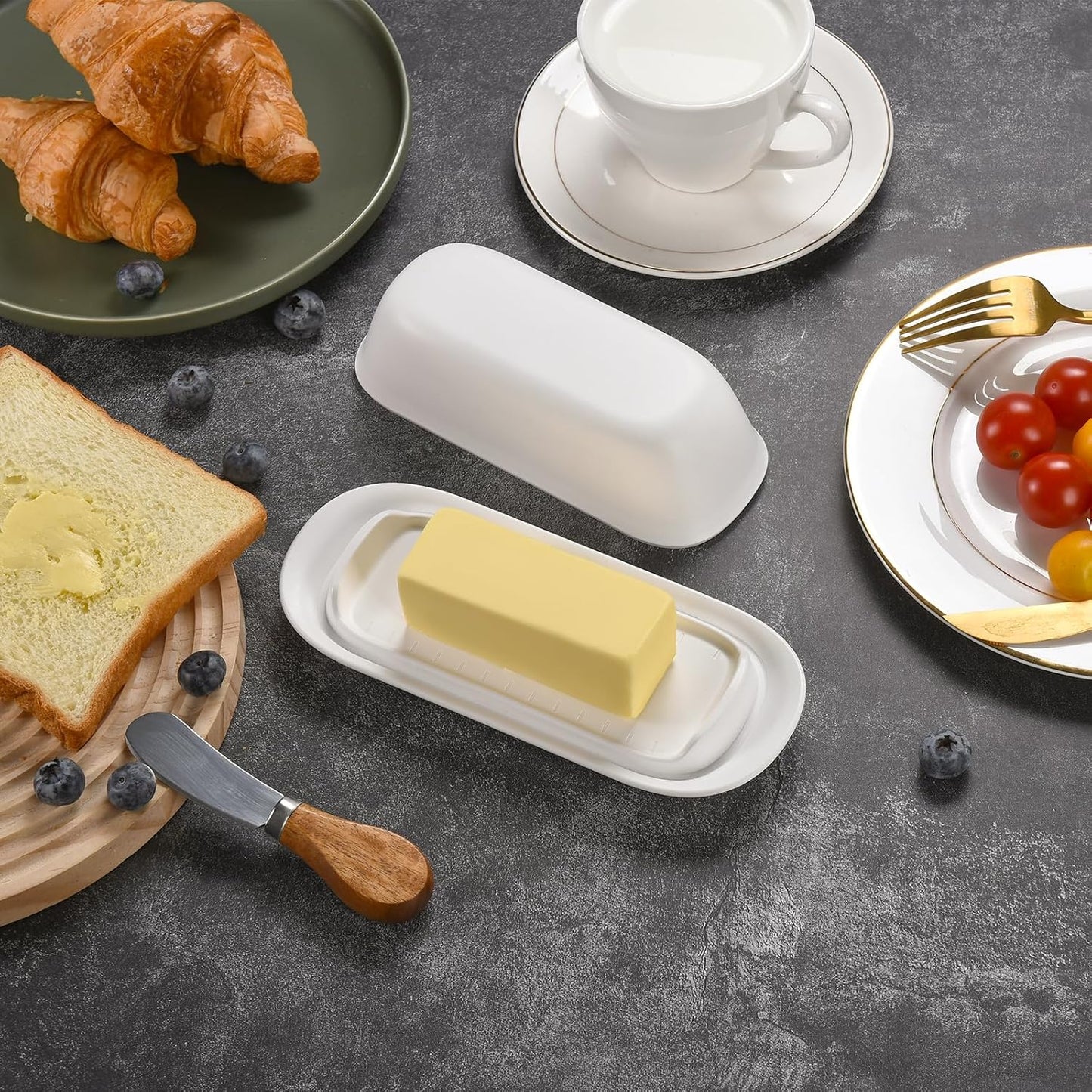 Butter Dish with Lid, Butter Keeper, Easy Scoop,Butter Container Holds for East/West Coast Butter, Dishwasher Safe (White)