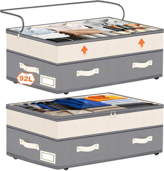 Dolicer 2 Pack Under Bed Storage with Wheels, 6in-10in Height Adjustable Underbed Storage Containers, 92L XXXL Under Bed Drawers Rolling Bin with Clear Lids for Dorm Shoes Clothes Organizers(Grey)