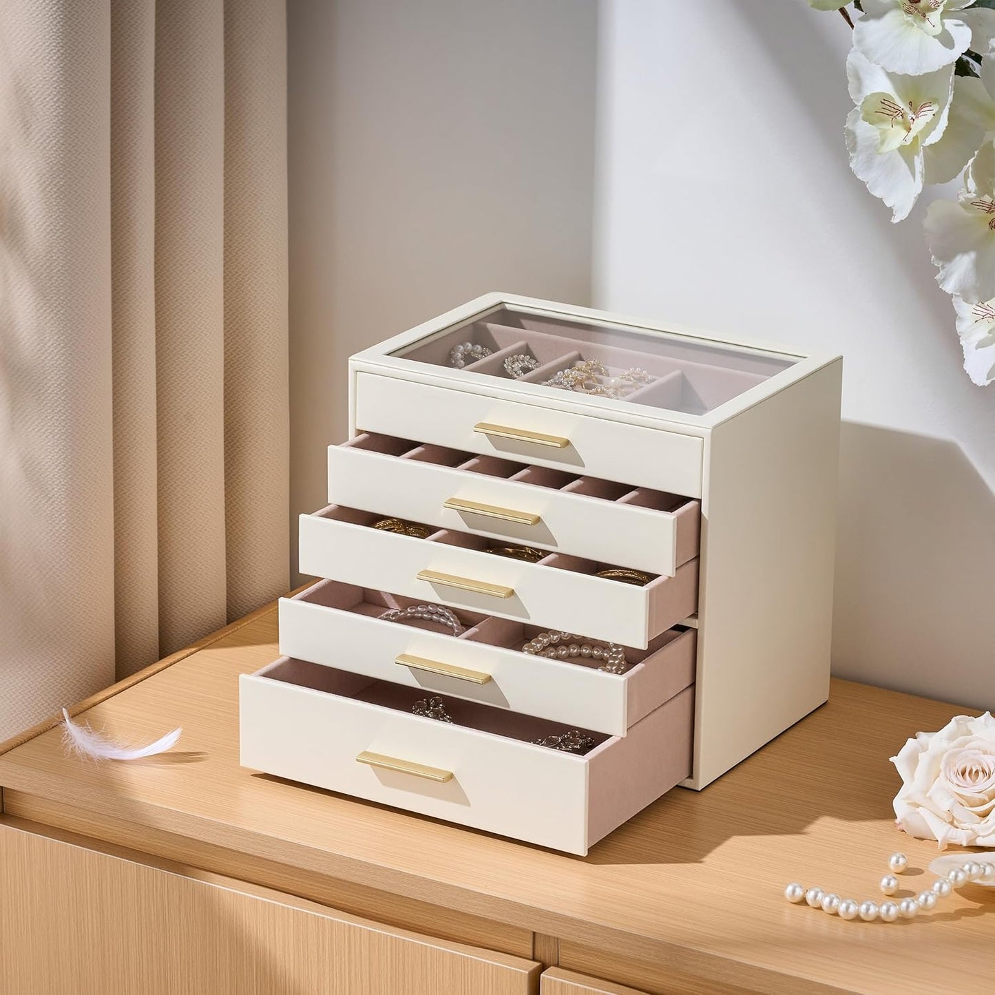 pickpiff Jewelry Box Organizer Case for Women: 5-Layer Jewelry Storage Case with Glass Window, Ivory Leather with Pink Velvet, Holder for Ring Necklace Bracelet Brooch Watch, Great Gift for Her
