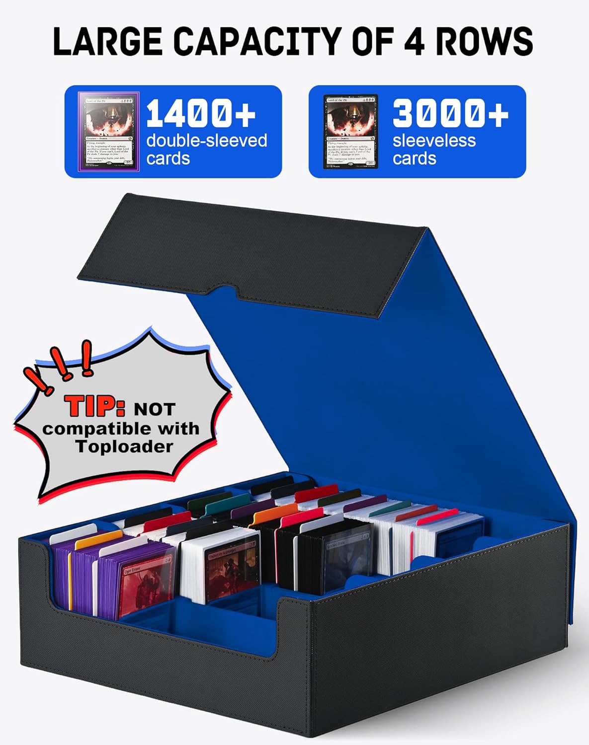ZLCA Card Storage Box for MTG PTCG, Commander Deck Box Holds 3200+ Cards, Trading Card Storage Case with 4 Stoppers, Card Organizer for TCG Sport Cards(Black&Blue)
