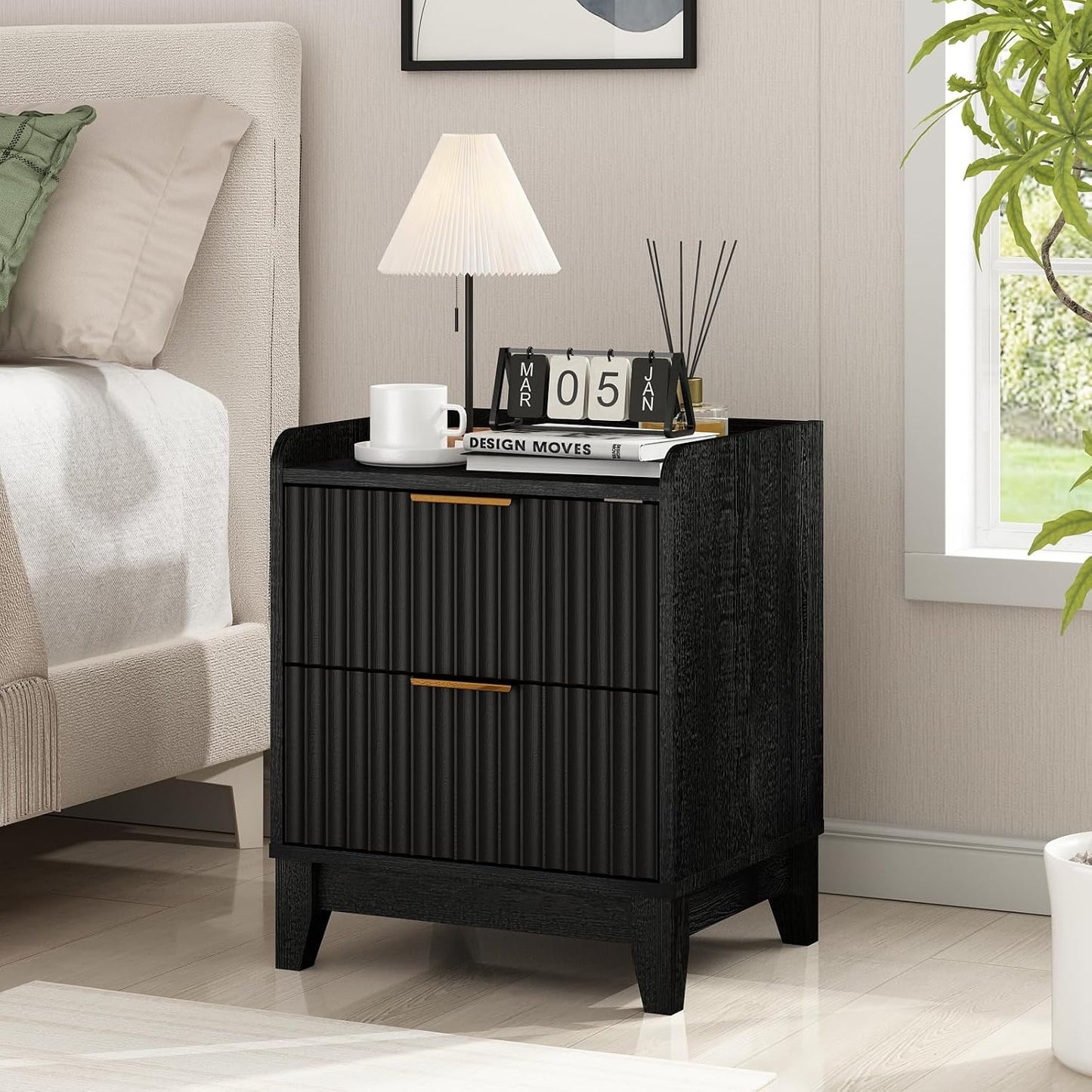 Wnutrees Fluted Nightstand with Charging Station, Modern Bedside Table with 2 Drawers, Farmhouse Wooden End Side Table Living Room, 2 Pack, Black