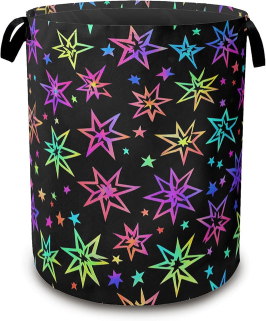 Laundry Hamper,Bright Neon Stars Laundry Basket,Waterproof Oxford Cloth Storage Basket with Handle for Clothes Books Nursery Home Storage Sundries 16"x20"