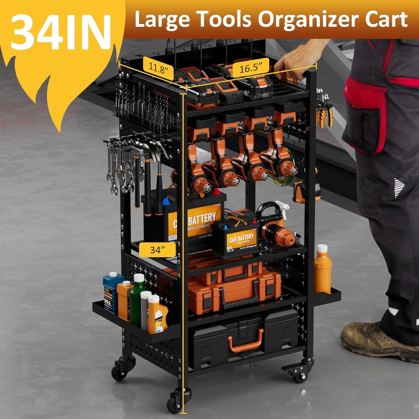 Power Tool Organizer Rolling Cart with 8 Charger Outlets, Heavy Duty Mobile Tool Storage Cart, 5 Tier Garage Organizer with Drill Holder, All-in-One Workshop Utility Cart on Wheels