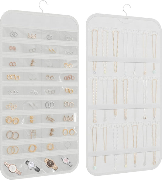 Hanging Jewelry Organizer Storage, 40 Pockets 36 Hooks Necklace Earring Necklace Bracelet Ring Organizer, Double - Sided Design, White