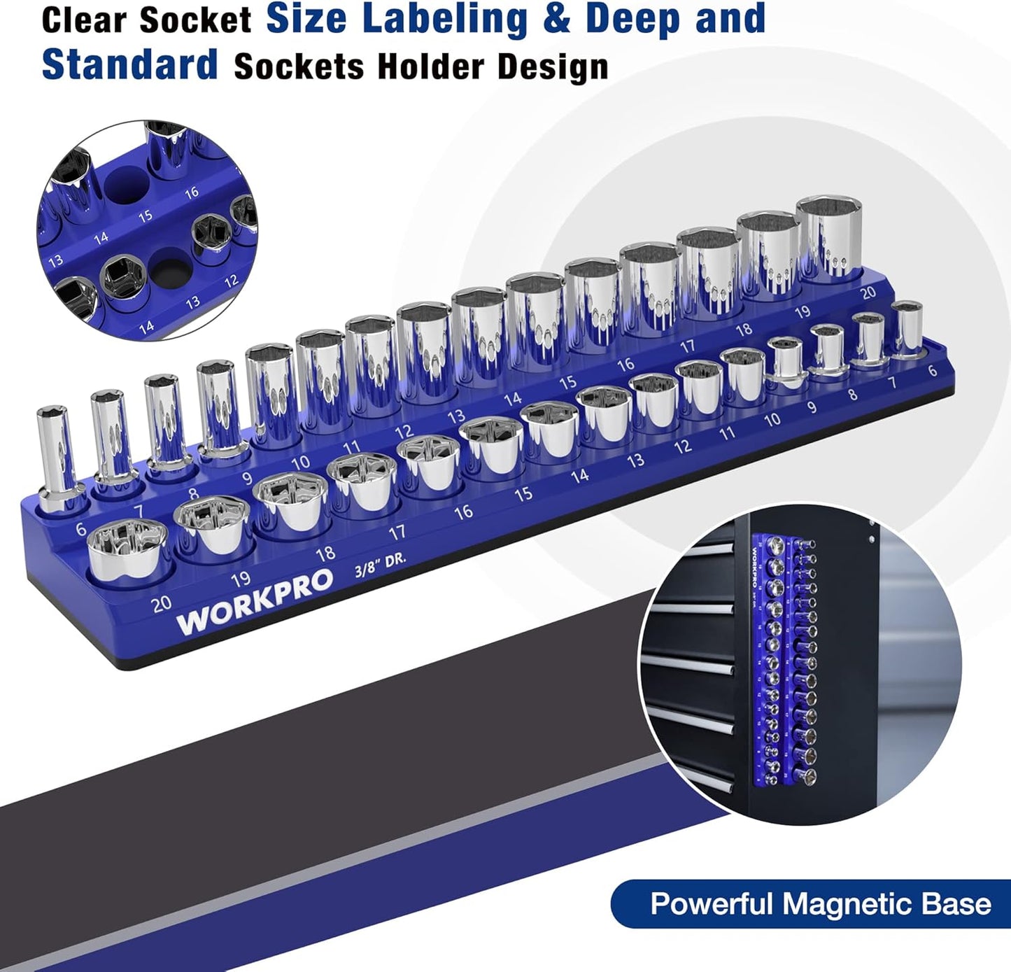 WORKPRO Magnetic Socket Organizer, 3/8-Inch Metric Socket Holder, Socket Trays Holds 30 Pieces Standard Size and Deep Size Sockets(Sockets not Included)