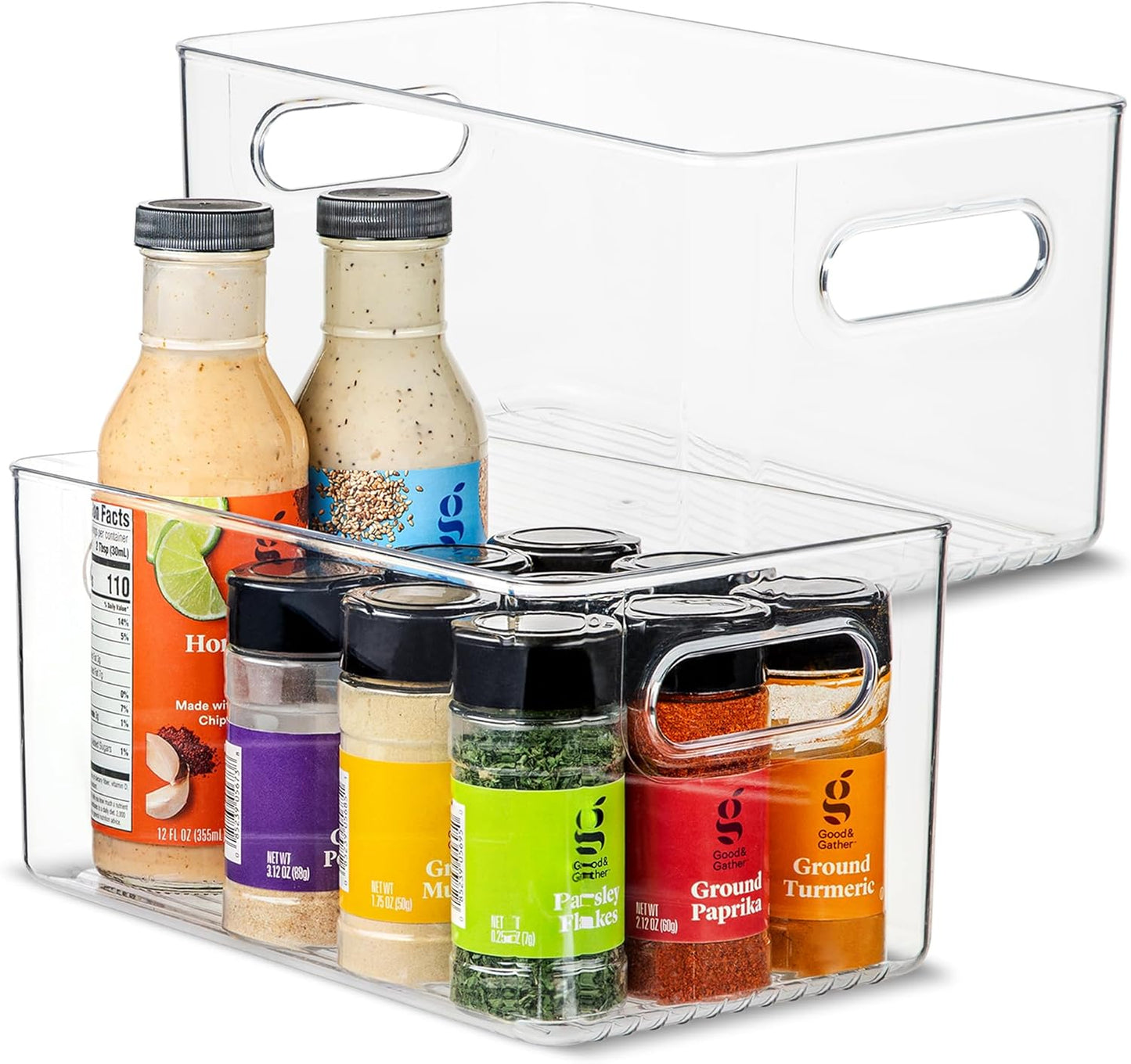 primebox Plastic Food Storage 2 Pack Clear Container Bin with Handles for Organizing Kitchen, Pantry, Refrigerator, Freezer, Pantry, Cabinet, Closet, Bathroom. 10”x6”x5”