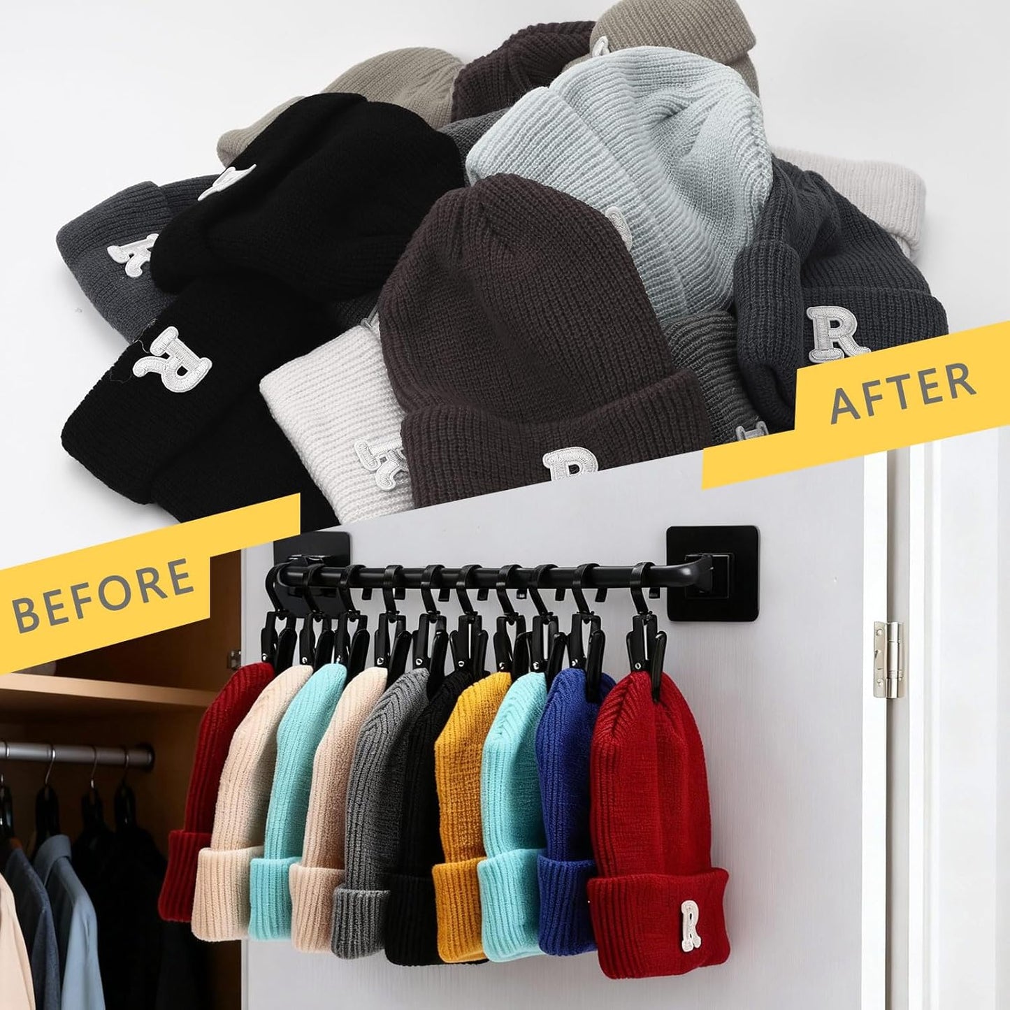 3 Pcs Beanie Holder Organizer for Door Knitted Hat Display Rack Wall Mounted Hat Storage with 30 Movable Clips Cap for Door Closet Wall Bedroom Entryway Storage