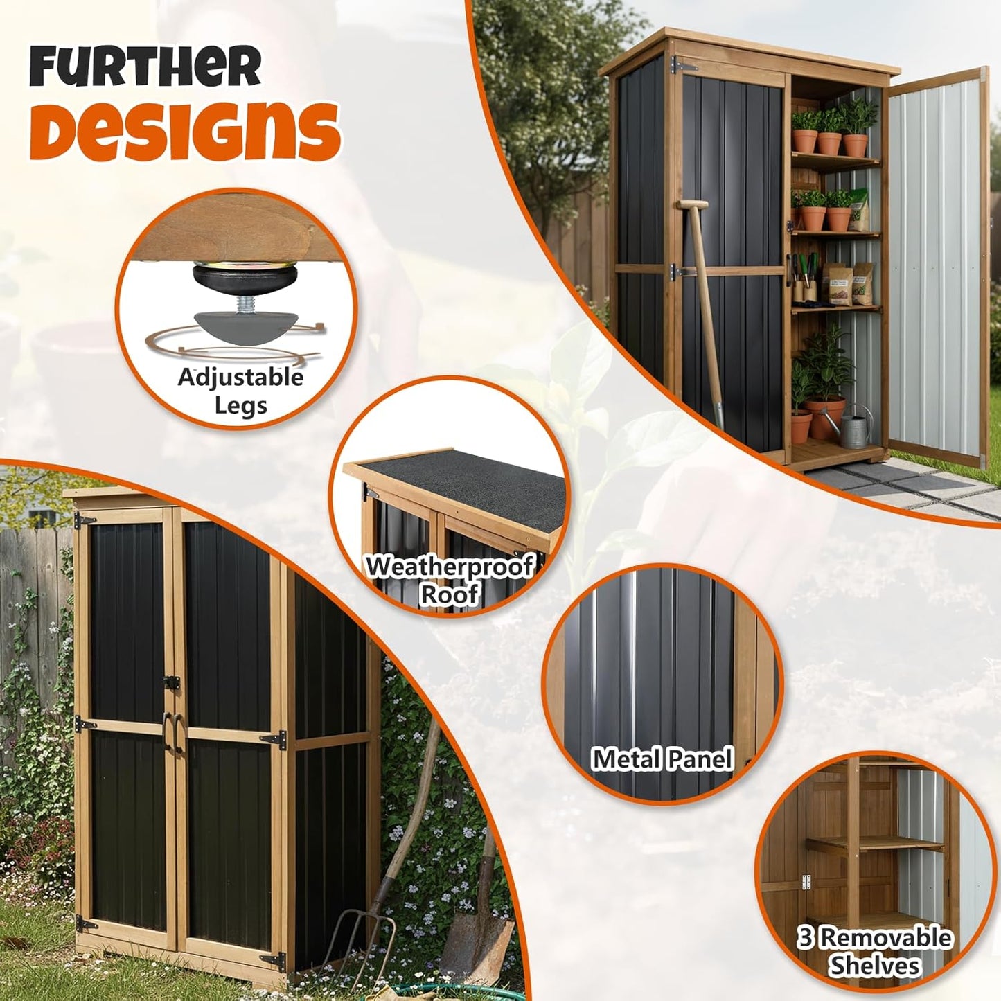 Outdoor Storage Cabinet with Shelves, Wood & Metal Storage Shed with Weatherproof Roof, 3 Removable Shelves, Lockable Doors, Adjustable Feet, Outside Storage Cabinet for Garage, Patio, Backyard