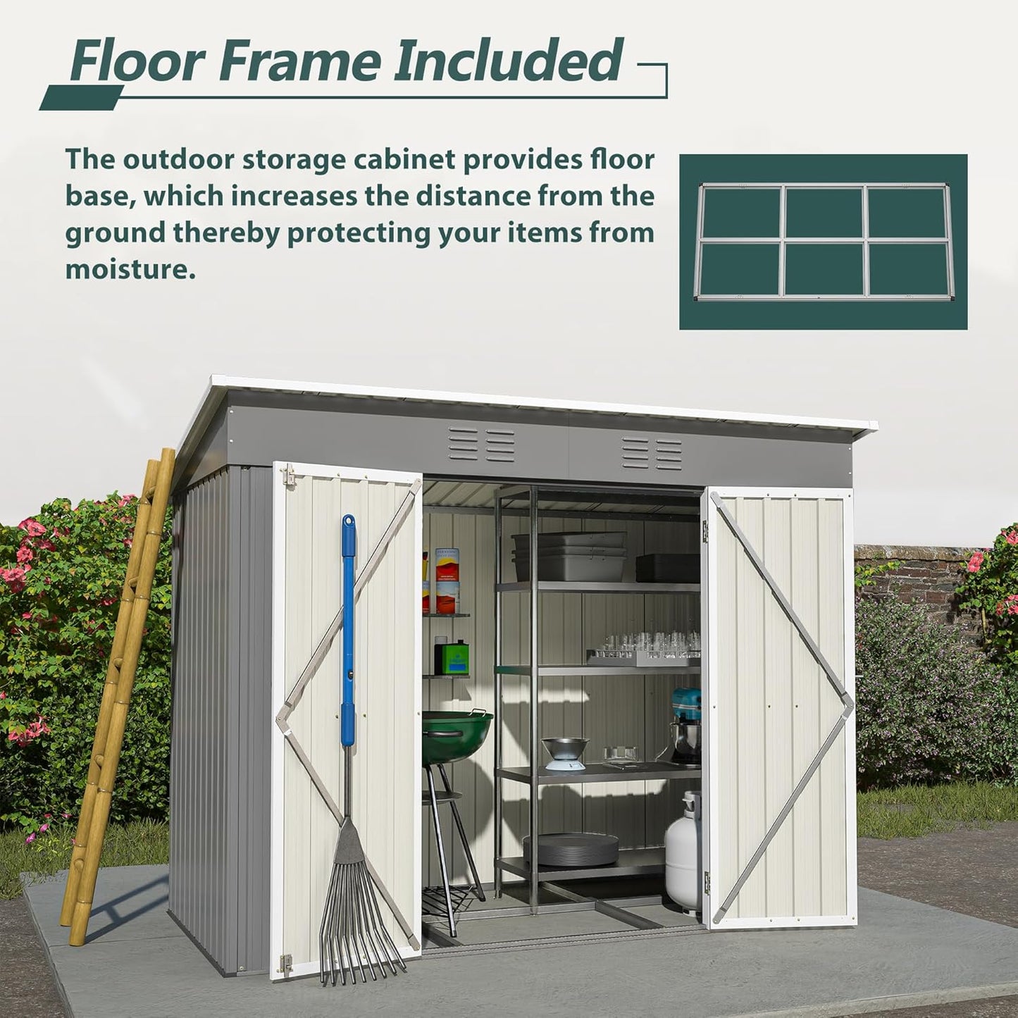 8x4 FT Outdoor Storage Metal Shed with Air Vents Sloping Roof Double Lockable Doors Waterproof Tool Galvanized Ideal for Backyard Patio Lawn Gray Shed Storage