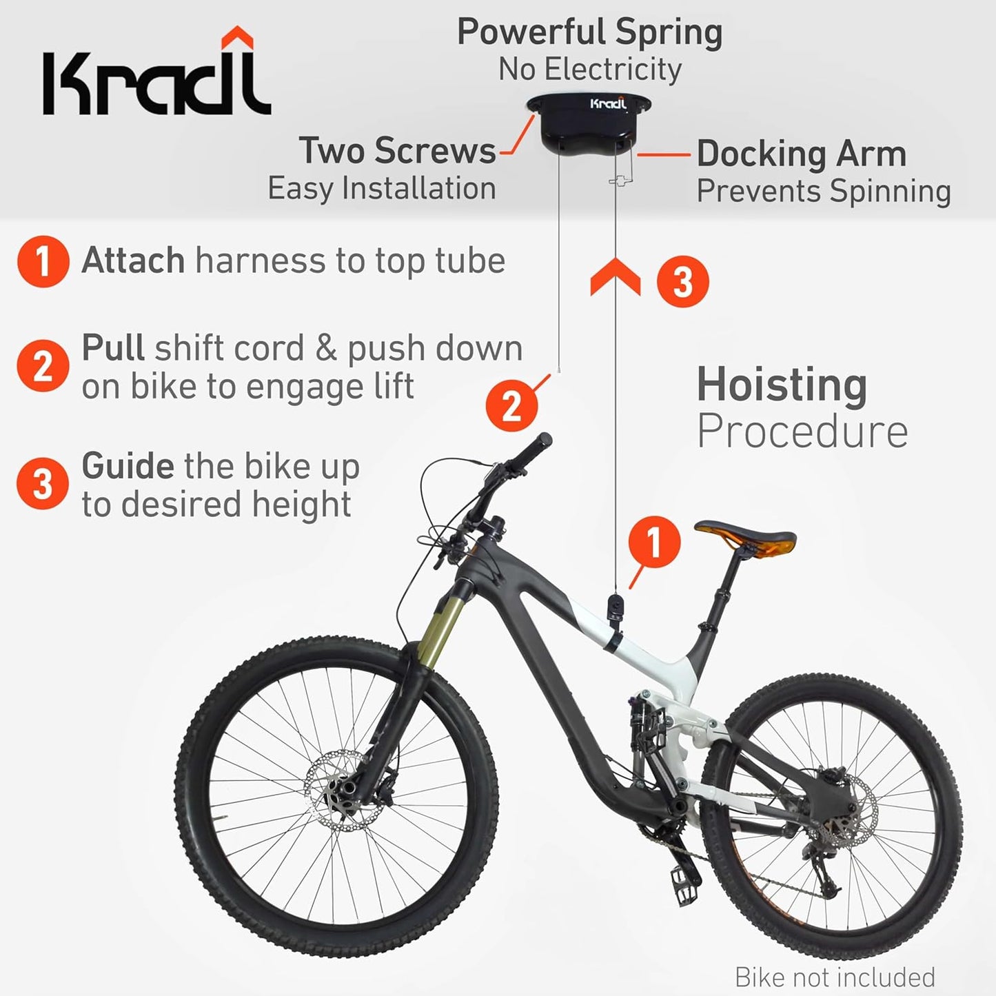 Kradl - Ceiling Mount Bike Lift and Rack. Bicycle Storage Hoist Without Electricity, Clumsy Ropes or Pulleys.